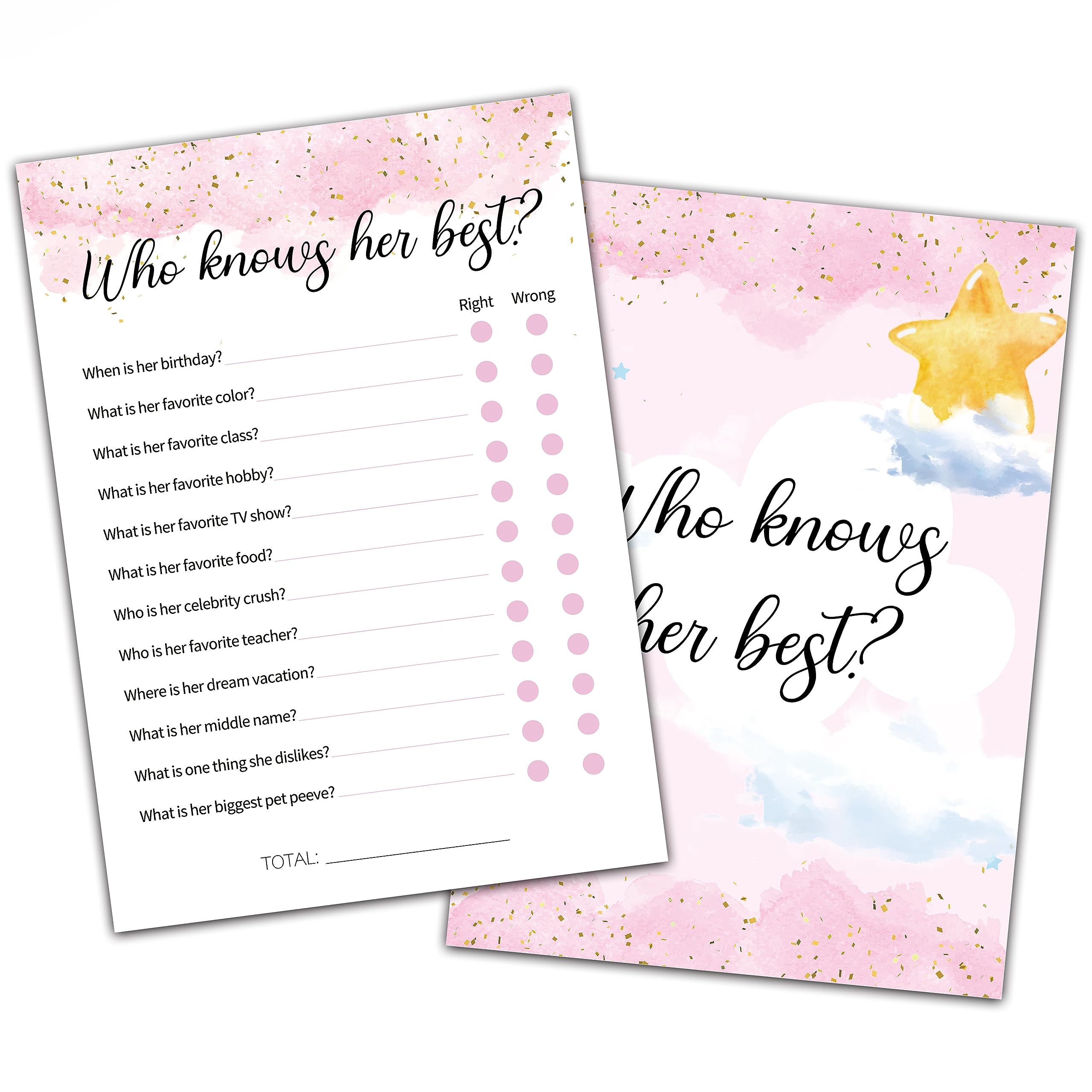 KFNERSlumber Party Games for Adults, Who Knows Her Best - Sleepover Games Card, Blush Pink Pajama Party Game Idea, Girls Birthday Party Supplies & Activity, Set of 30 Game Cards-A07