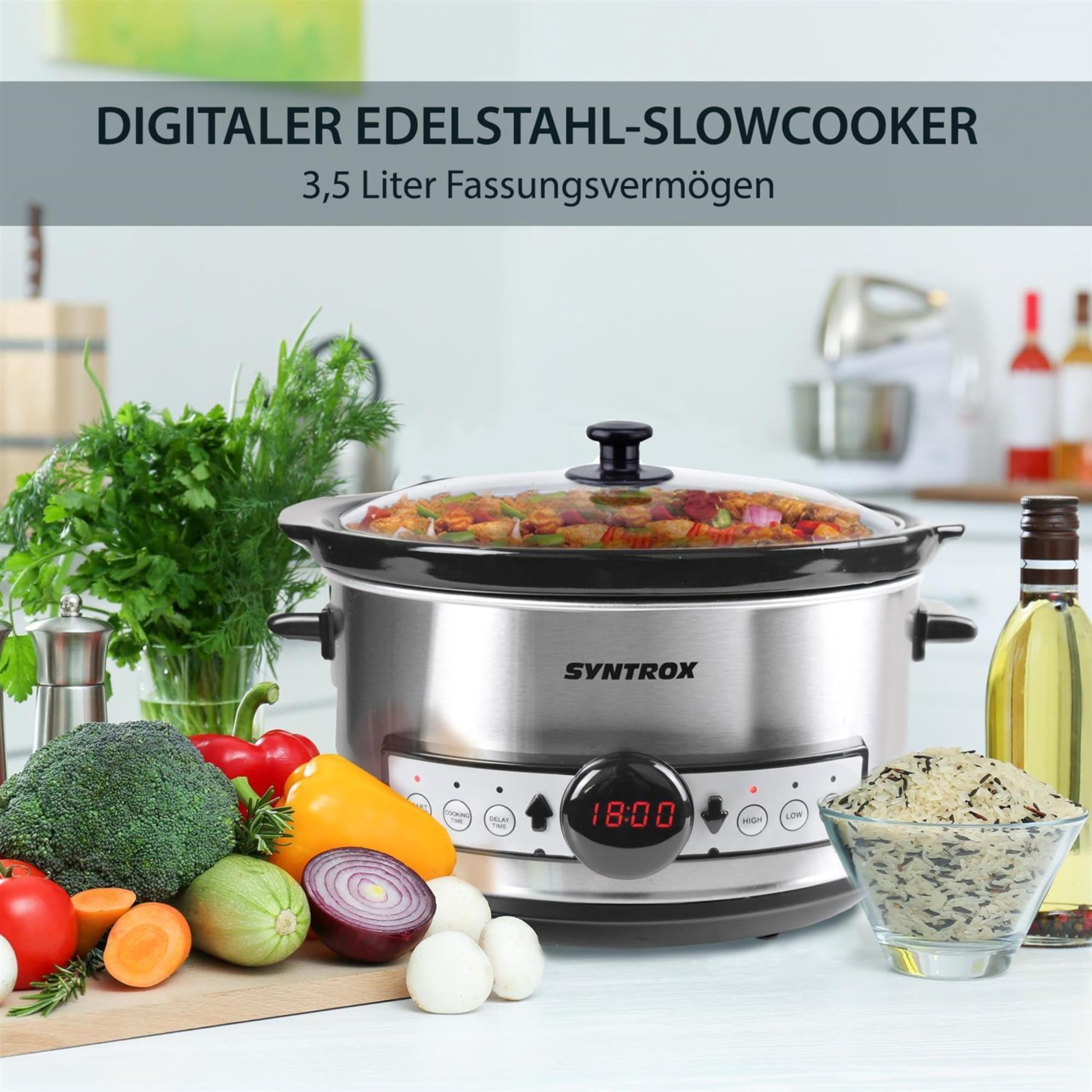 Syntrox Germany 3,5 l Slow Cooker | Schmortopf | Schongarer | Multikocher Balmsi, Küchengeräte, Multikocher, Timer, Warmhaltefunktion, Keramik-Innentopf, Rutschsichere Standfüße