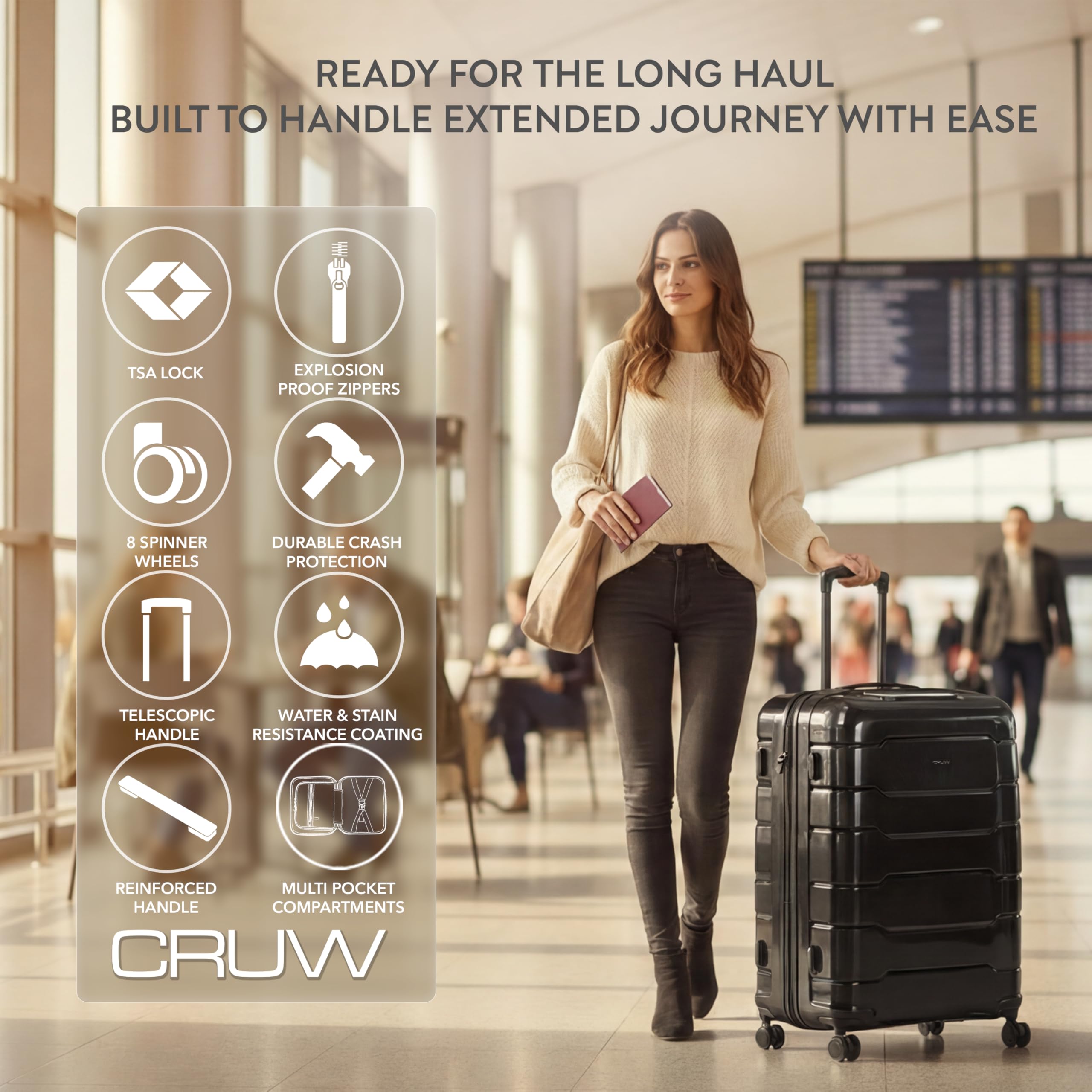CRUW Large 28" Checked Luggage 77x51x32cm + Expandable Hold Baggage (114/121 Liters) Polypropylene Suitcase TSA Approved Lock 8 Silent Spinner Wheels Lightweight Suitcases Airline-Approved Travel