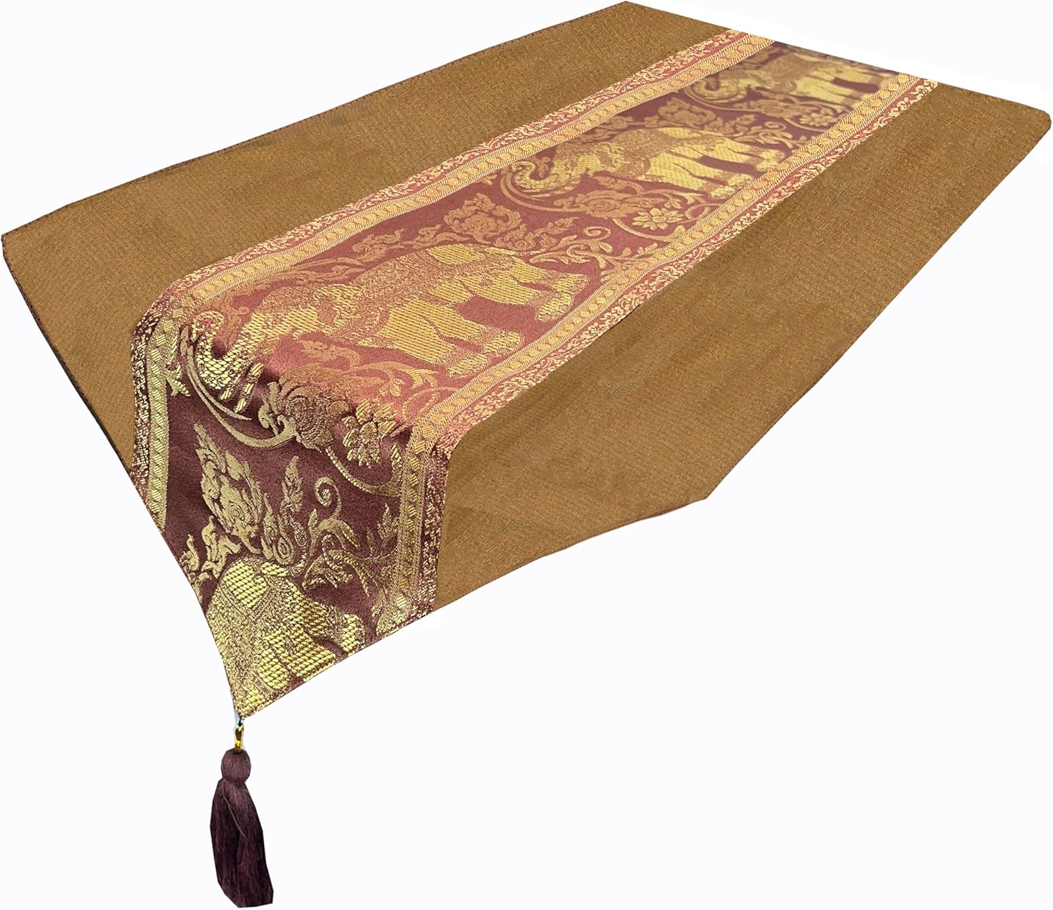 Thai Slik Elephant Style Table Runners for Home Decorative Coffee Table Bed Runners Sofa 13 x 69 Inches (33x175cm) (Brown)