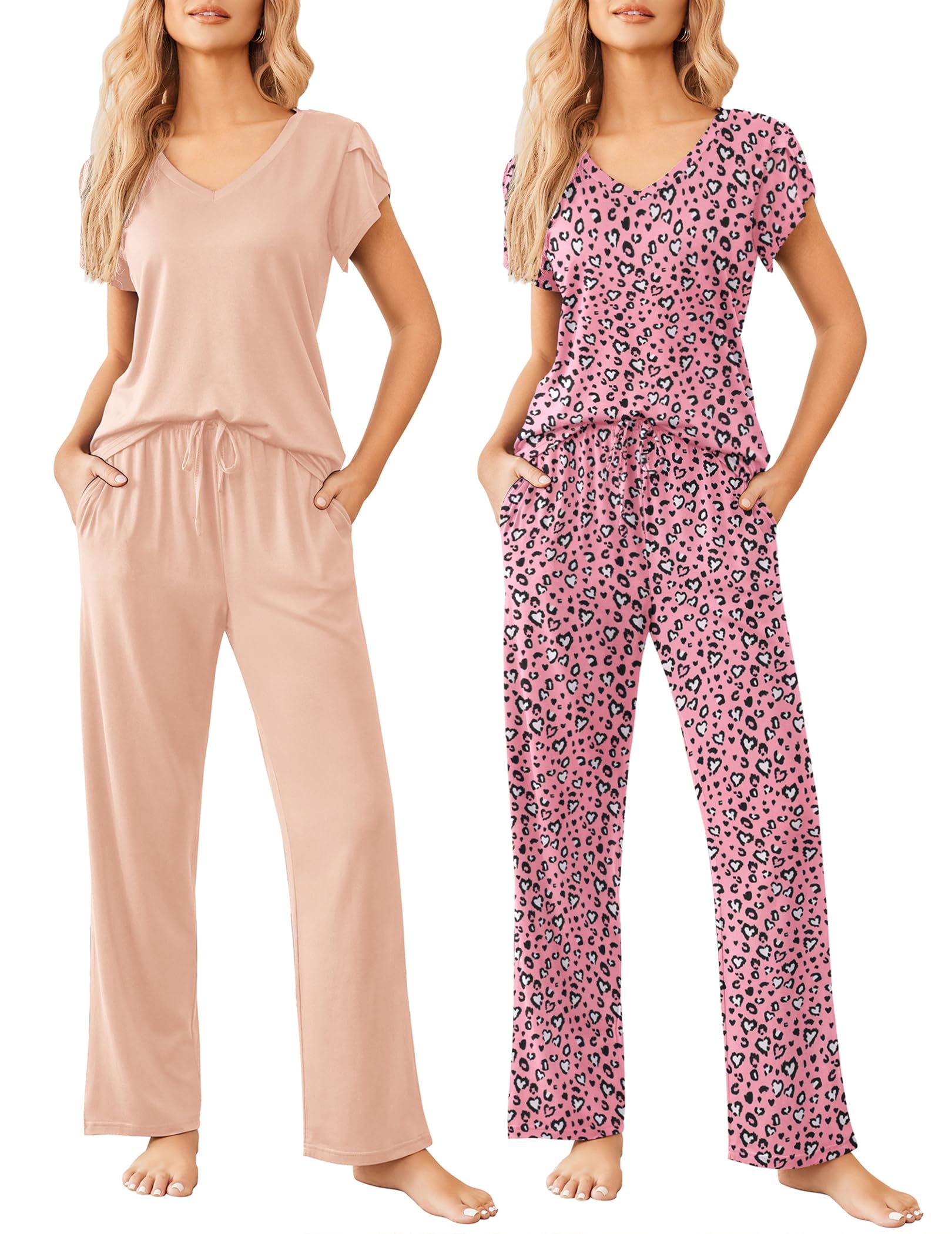 Ekouaer2 Pack Womens Pajamas Short Sleeve Sleepwear Top with Pants Super-Soft Printed Lounge Sets S-XXL