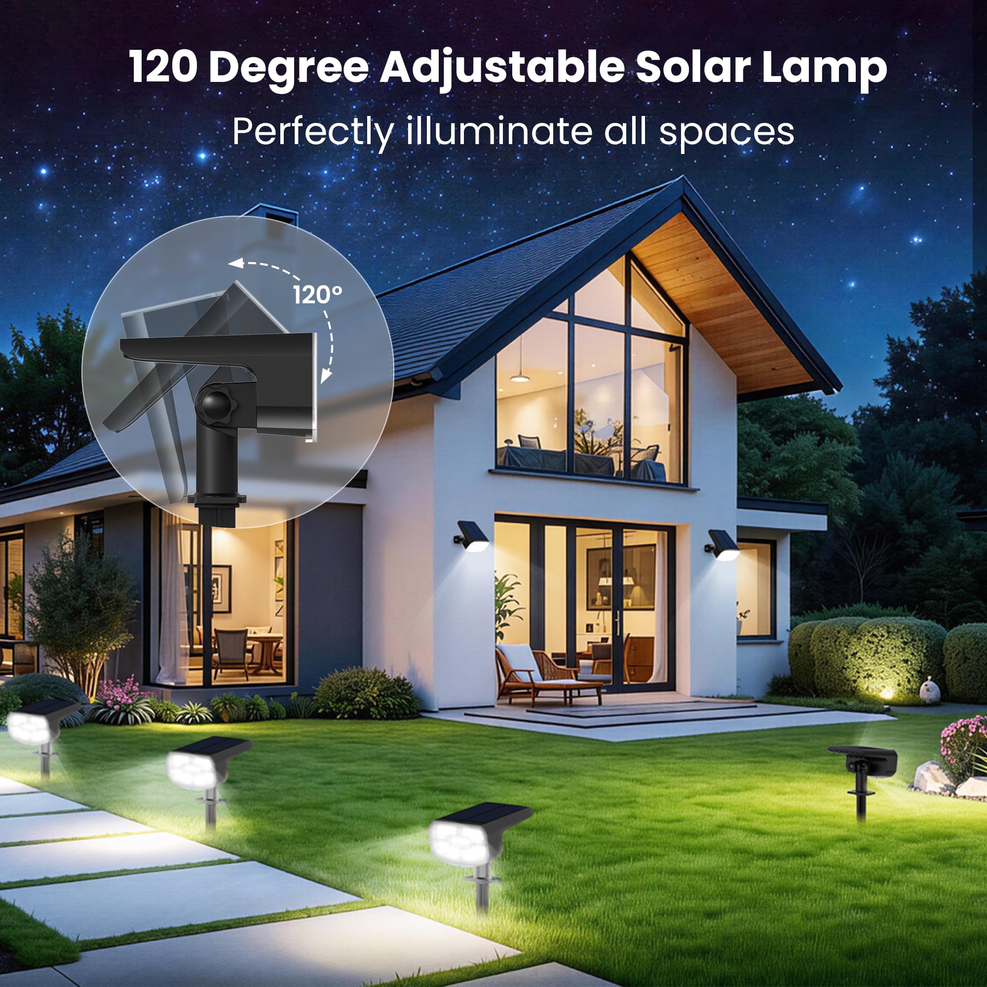 JEJOT Solarleuchten für den Außenbereich, wasserdicht, IP65, superhelle LED, 2 CCT, 4 Beleuchtungsmodi, 3000 K/6500 K wählbar, solarbetriebener Hof-Gartenstrahler, Solarleuchten für Außenlandschaft