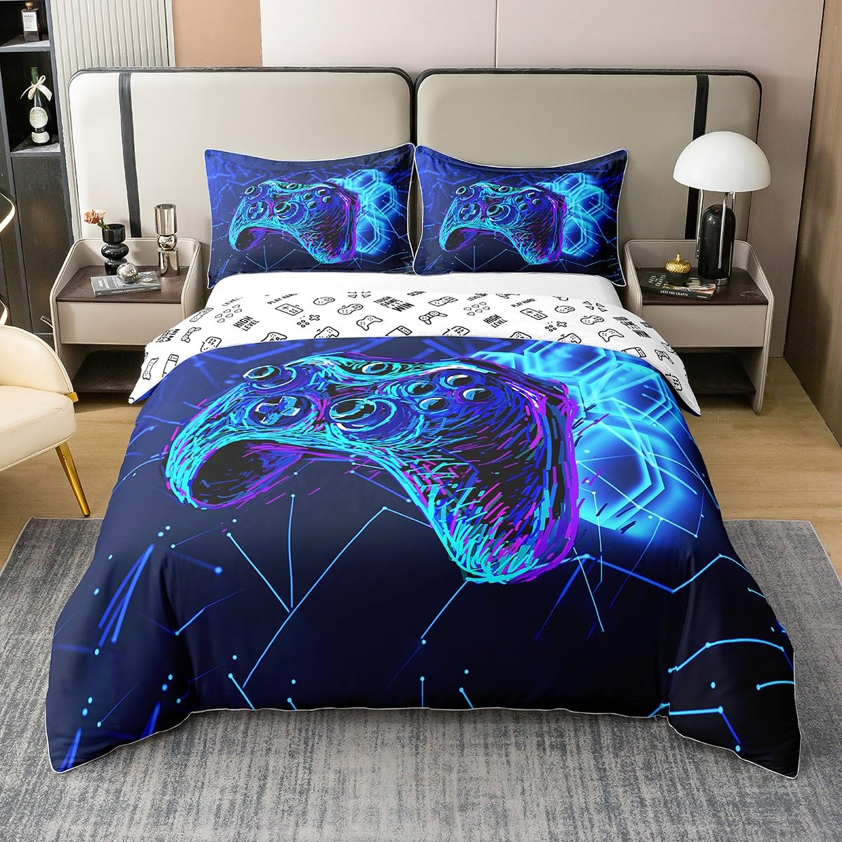 Loussiesd Funda nórdica para niños, diseño de mando de videojuegos azul, decoración moderna para adolescentes y adolescentes, 135 x 200 cm, 100% algodón puro