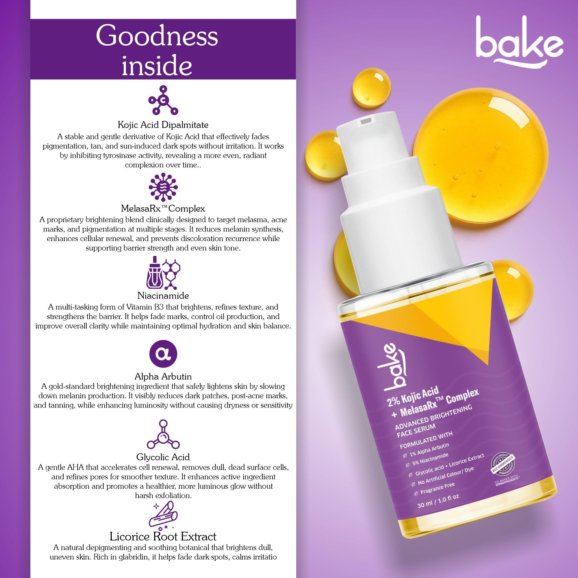BAKE 2% Kojic Acid Face Serum with MelasRx Complex, Alpha Arbutin & Niacinamide for Dark Spots, Pigmentation & Brightening Glow Skin| For Tan Removal & Sun Damaged Skin | Brightening Glow | 30ml 3