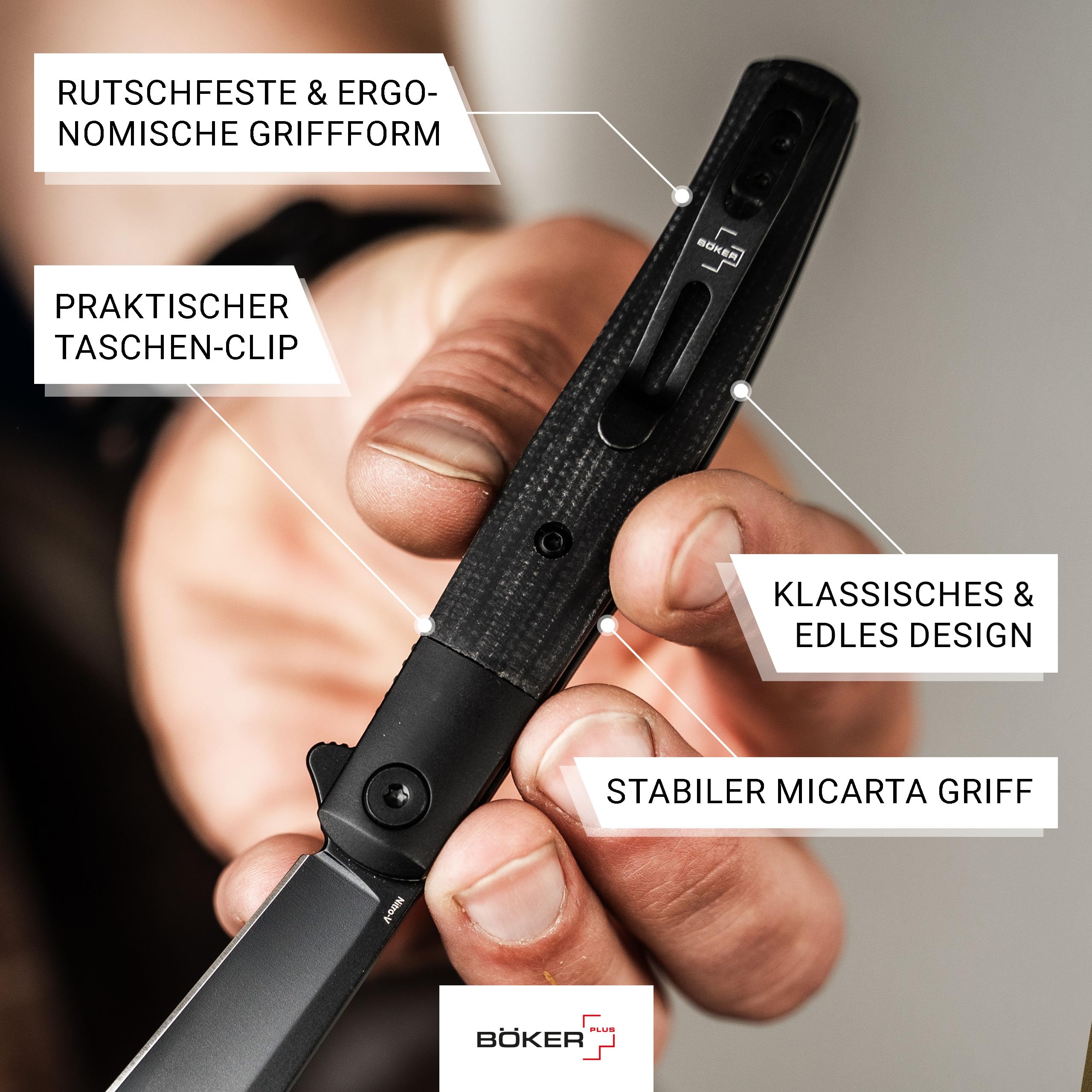 BÖKER PLUS® Modern Stockman Taschenmesser - schlankes Gentleman EDC Klappmesser mit Micarta Griff & Nitro-V Stahl Klinge - klassisches Einhand Farmermesser mit Flipper & Clip für Alltag & Outdoor