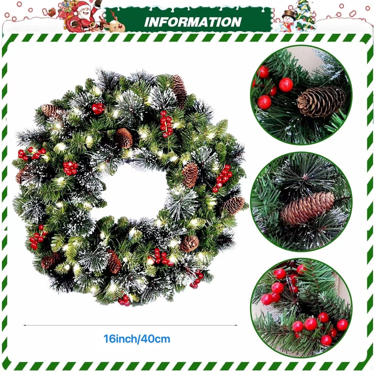 Couronne de Noël lumineuse d'extérieur de 40,6 cm avec 30 lumières LED pour porte d'entrée et fêtes de vacances