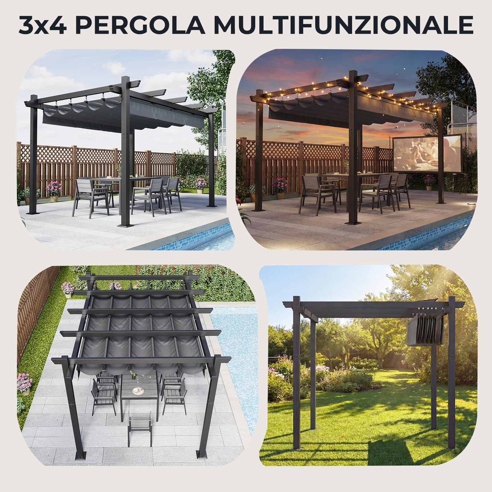 Devoko Gazebo Pergola 3x4, Pergolato Bioclimatico UV50+, Giardino Terrazzo, Nero