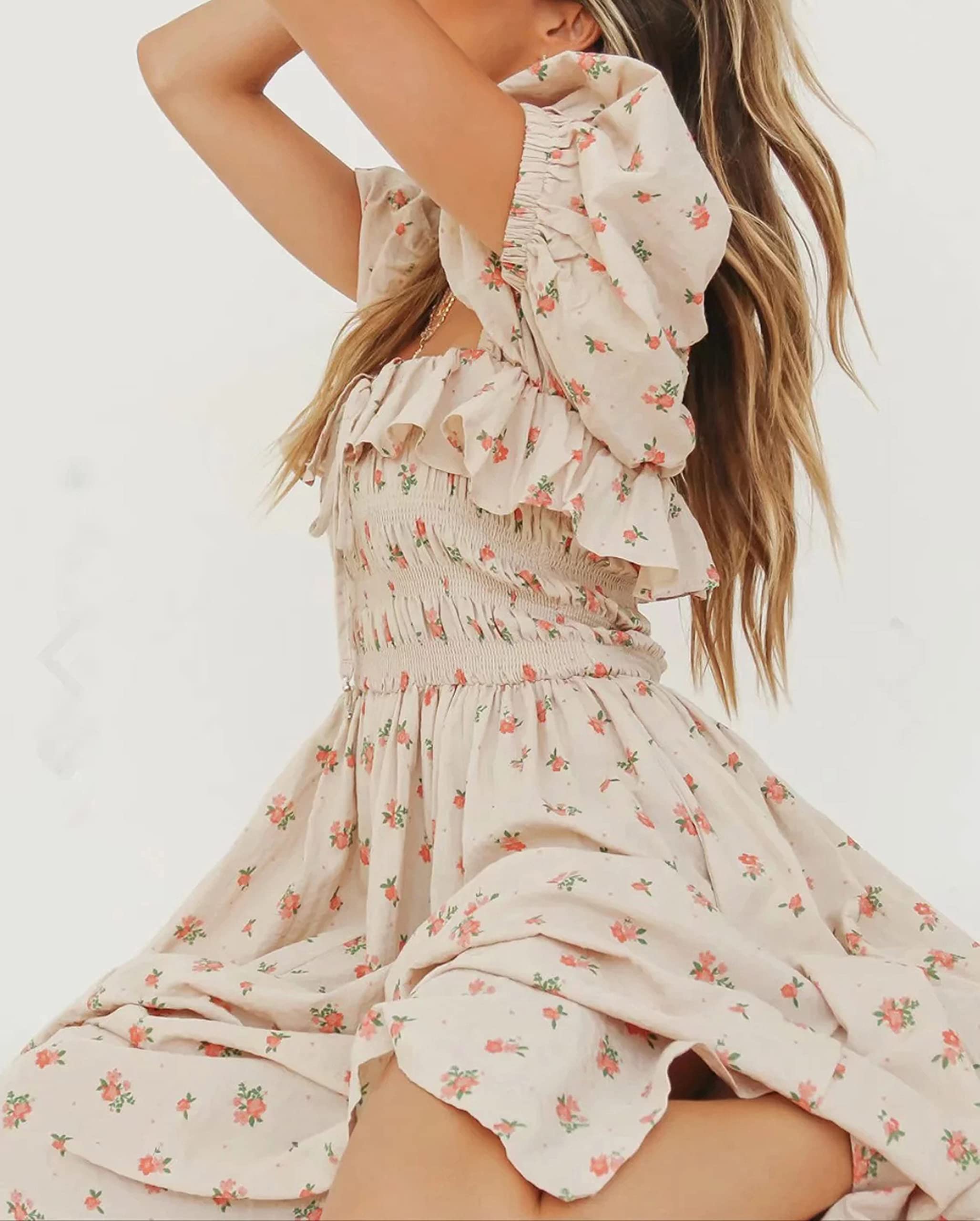 R.Vivimos Casual A Type Imprimé Carré Col Bubble Manches Robe Ourlet Taille Haute Midi Slim Robe De Vacances