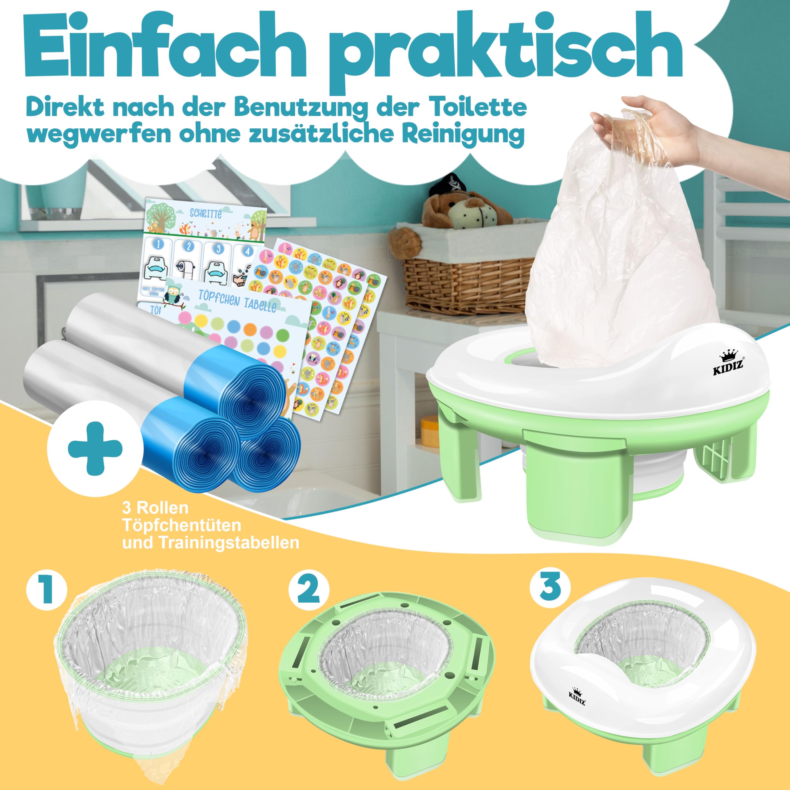 KIDIZ® Vasino per bambini con sedile per WC, comodo vasino, materiale PP con sacchetto della spazzatura, vasino per bambini per viaggiare e sistema di ricompensa con adesivi, soluzione 3 in 1
