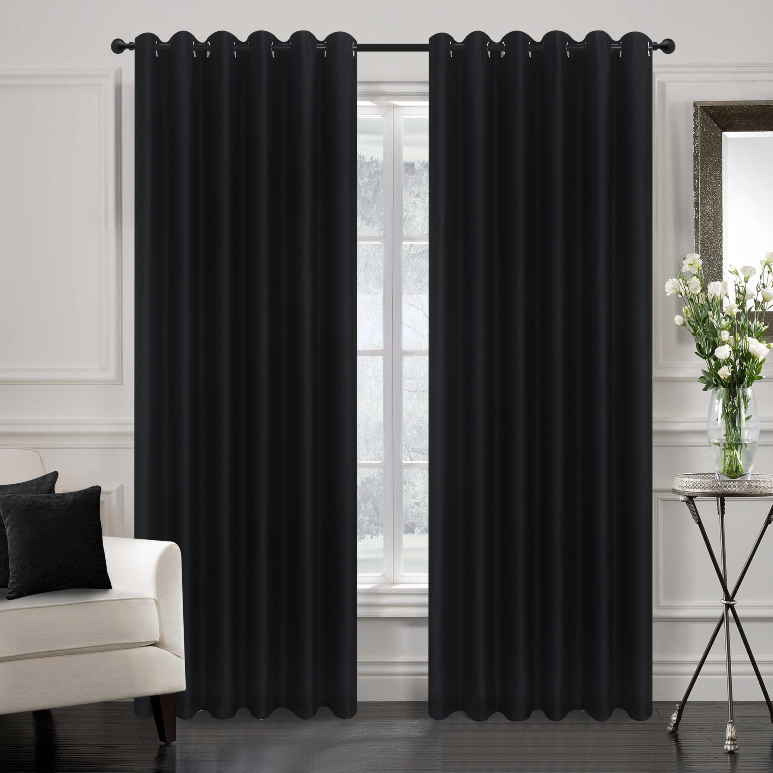 Hadi London Thermal Blackout Curtains with Eyelet Ring Top Ultra Soft Insulated Energy Saving Drapes for Bedroom, Living Room & Kids' Room –Noise Reducing, Light Blocking. (BLACK, W 90 x L 90)
