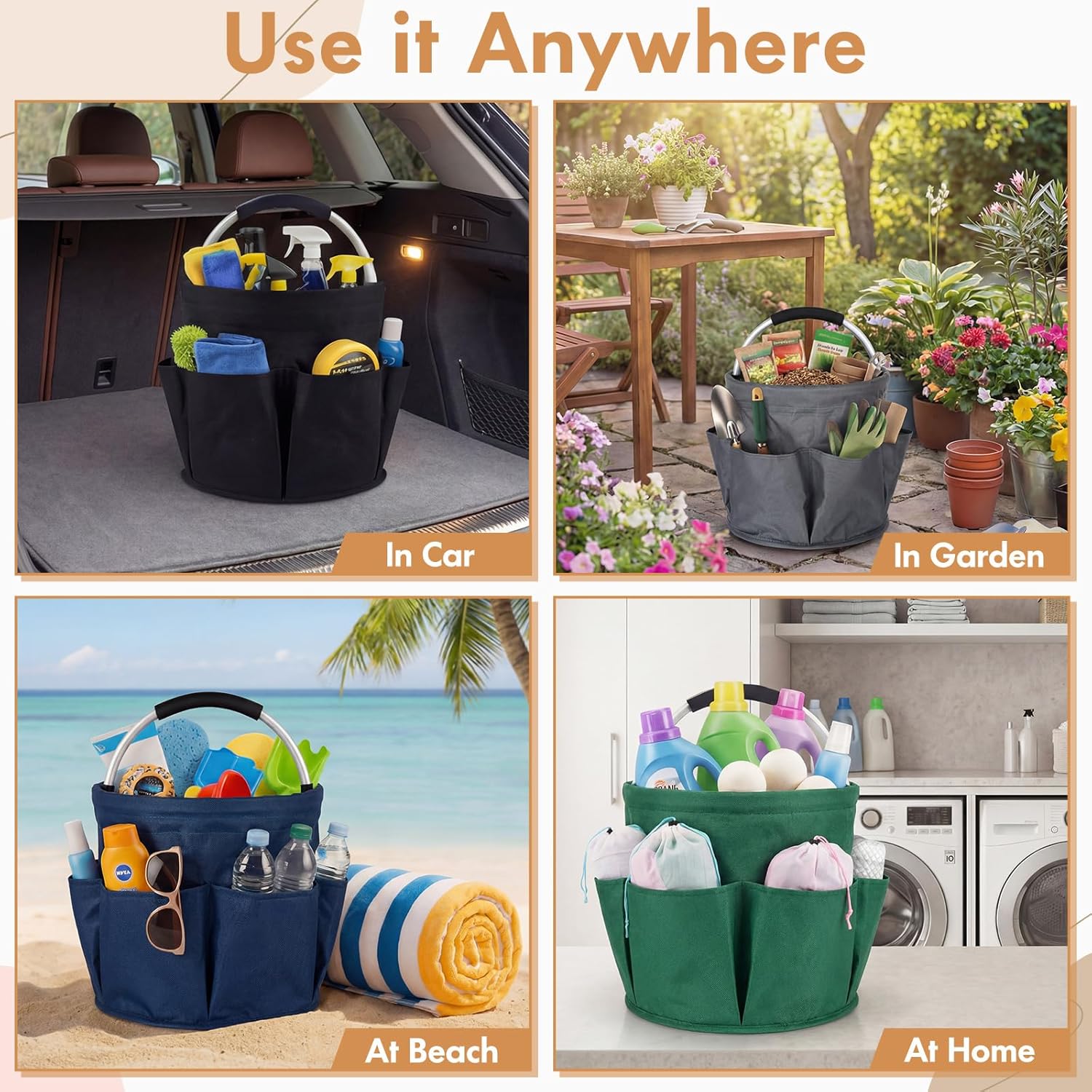 LemonRoad 4 Pack Cleaning Caddy with Handle 17L Foldable Cleaning Supplies Organizer Oxford Cloth Storage Basket with 6 Pockets Portable Multi Bucket Bag for Home Garden(Black,Gray,Navy Blue,Green)