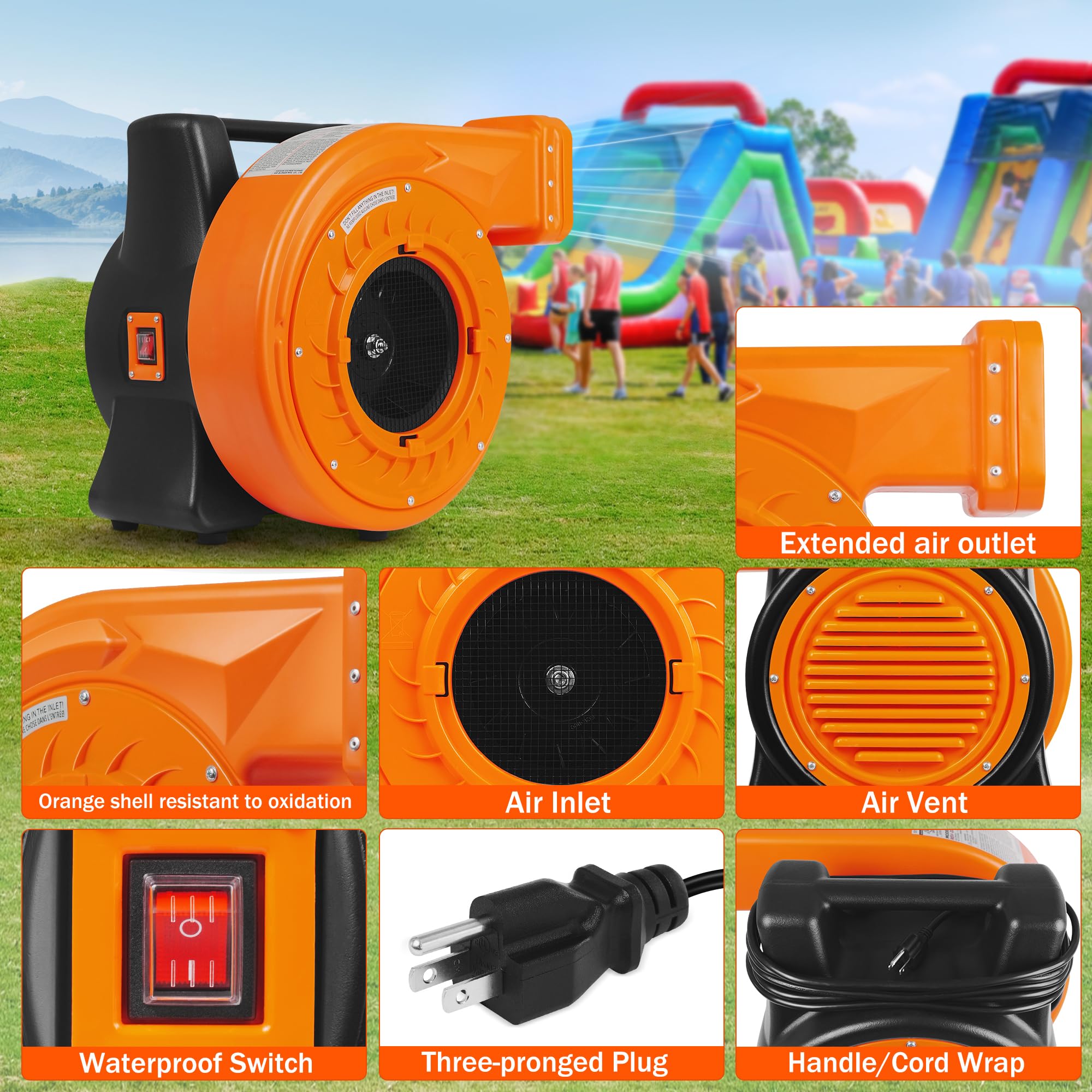 Soplador de aire inflable de 2 HP para inflables grandes, potente soplador de casa de rebote de 1500 W, bomba de ventilador comercial portátil para castillo inflable grande, tobogán de agua, puente