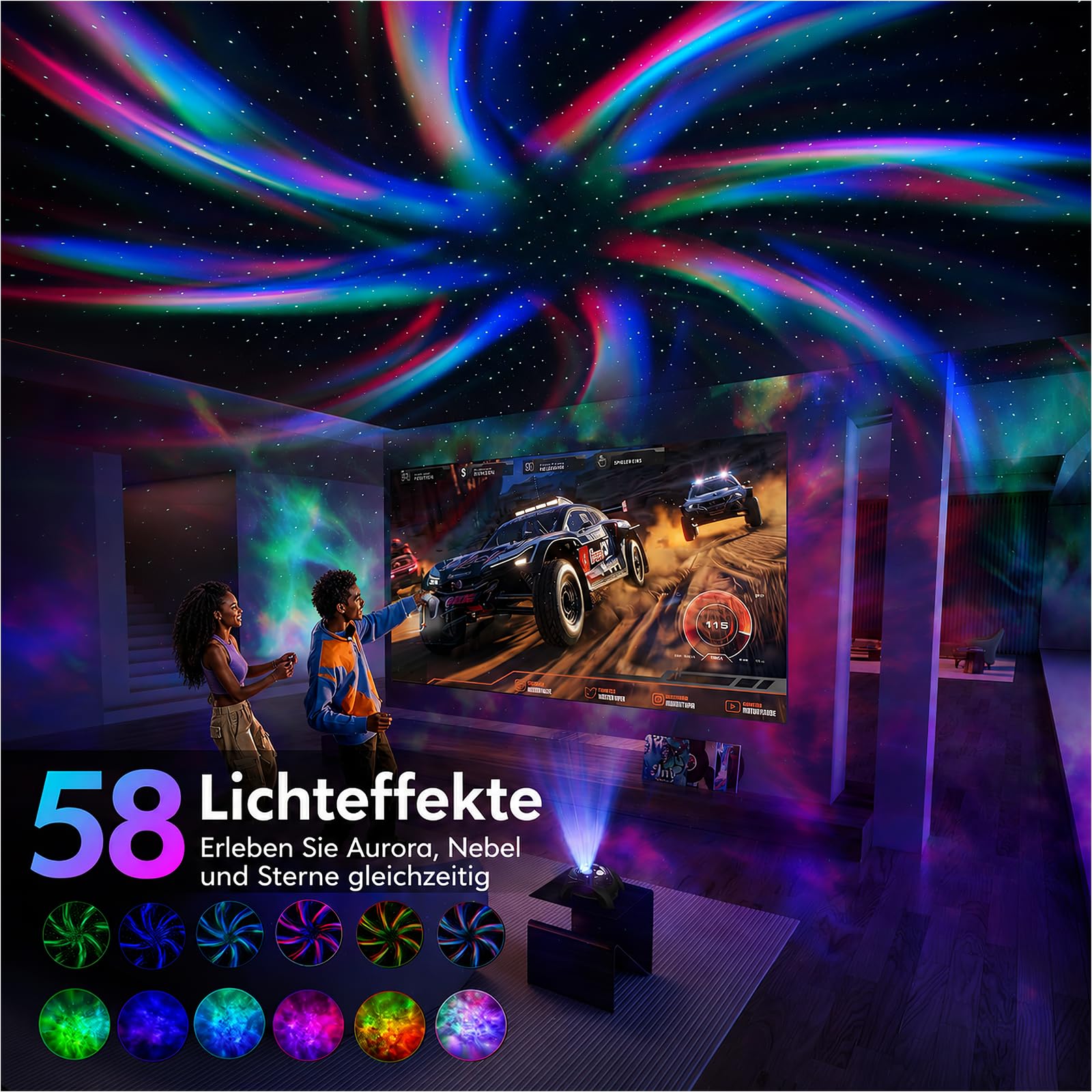 PRANITE Sternenhimmel-Projektor, Star Projector for Bedroom with 58 Light Effects,Dual Lens Night Light Projector with White Noise & Bluetooth Speaker, Remote Timer, Room Decor Gift for Kids Adults