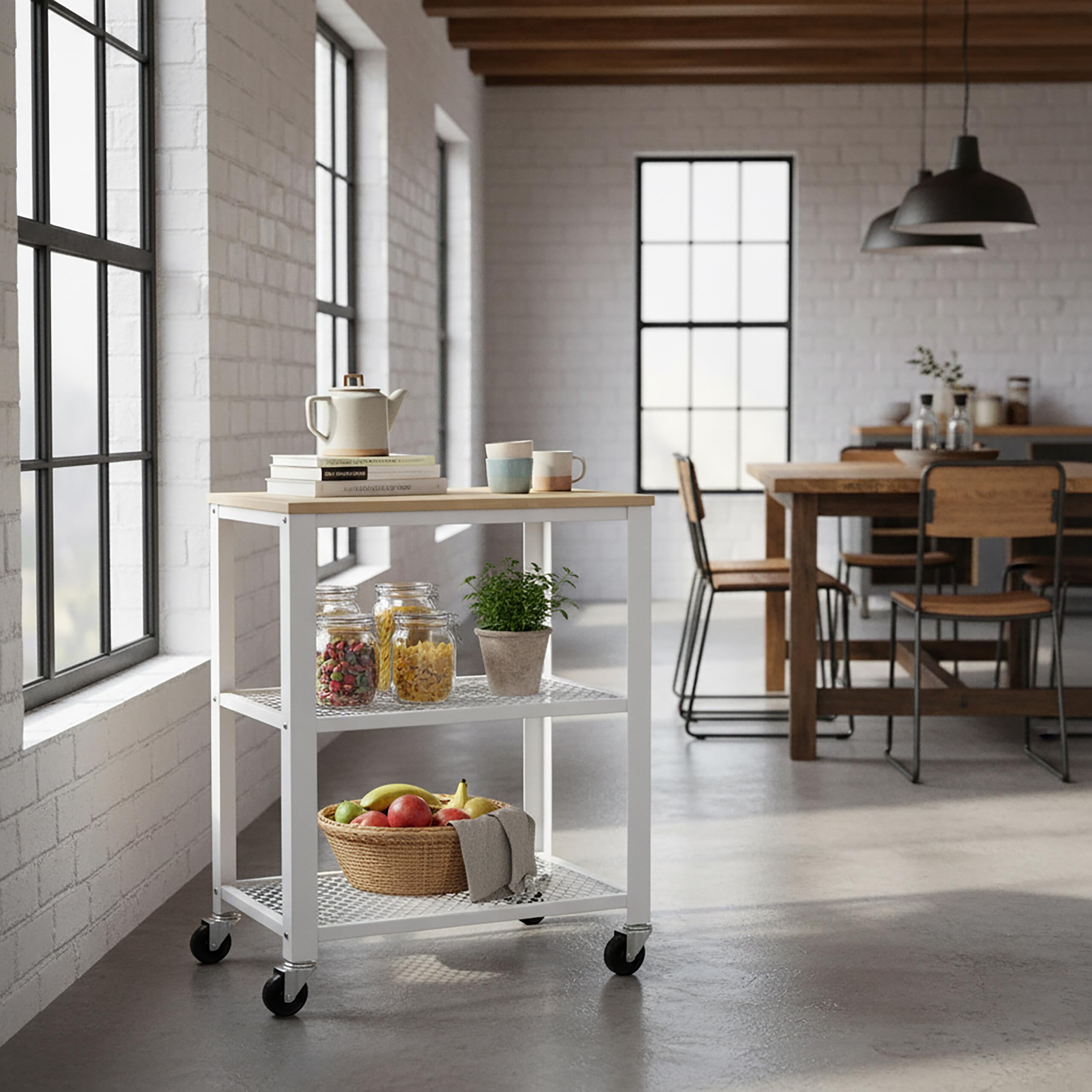 Relaxdays desserte Cuisine 3 Niveaux, Aspect Bois, roulante, Maison/Bureau, 77,5x60x40 cm, métal Brun Clair-Blanc