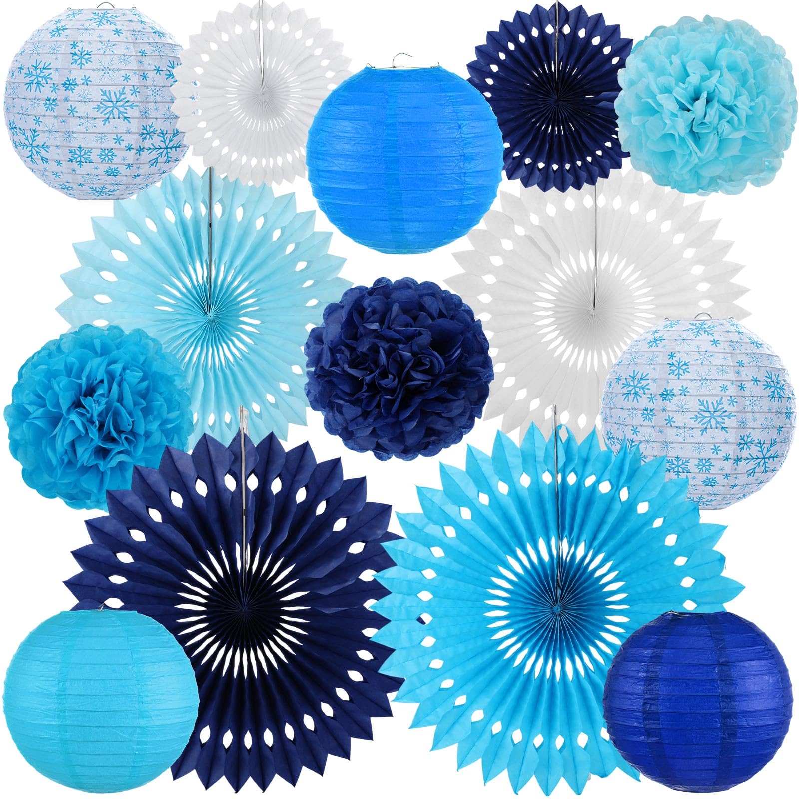 Glooglitter 14 Pcs Winter Party Decorations Navy Blue Party Decoration Include Blue Paper Pom Pom Winter Snowflake Paper Lantern Winter Snowflake Paper Fan for Baby Shower Winter Party Supplies