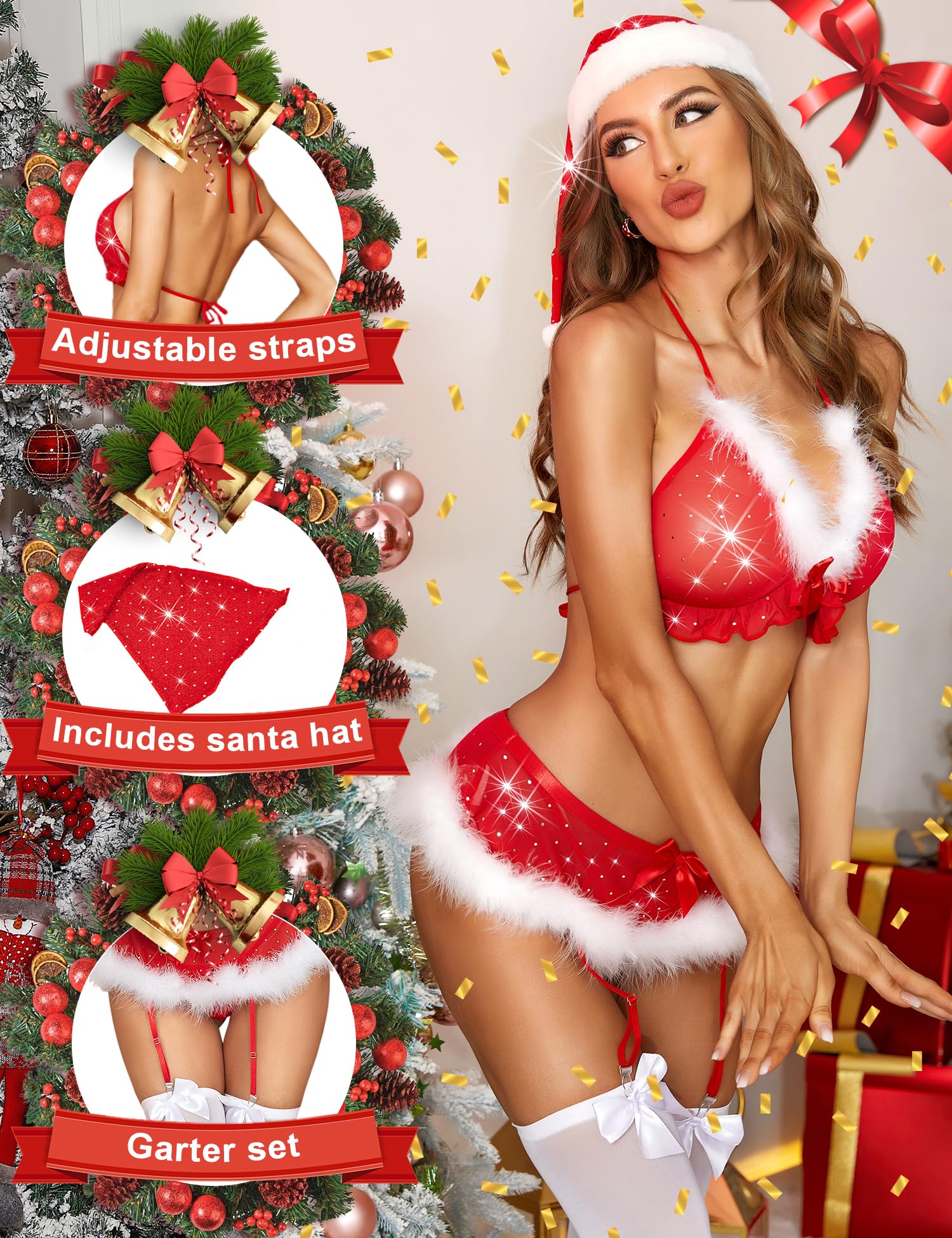 Conjunto de lencería navideña Sexy, Sujetador de Papá Noel y Bragas con Ligueros, Babydoll de Peluche, Ropa de Dormir