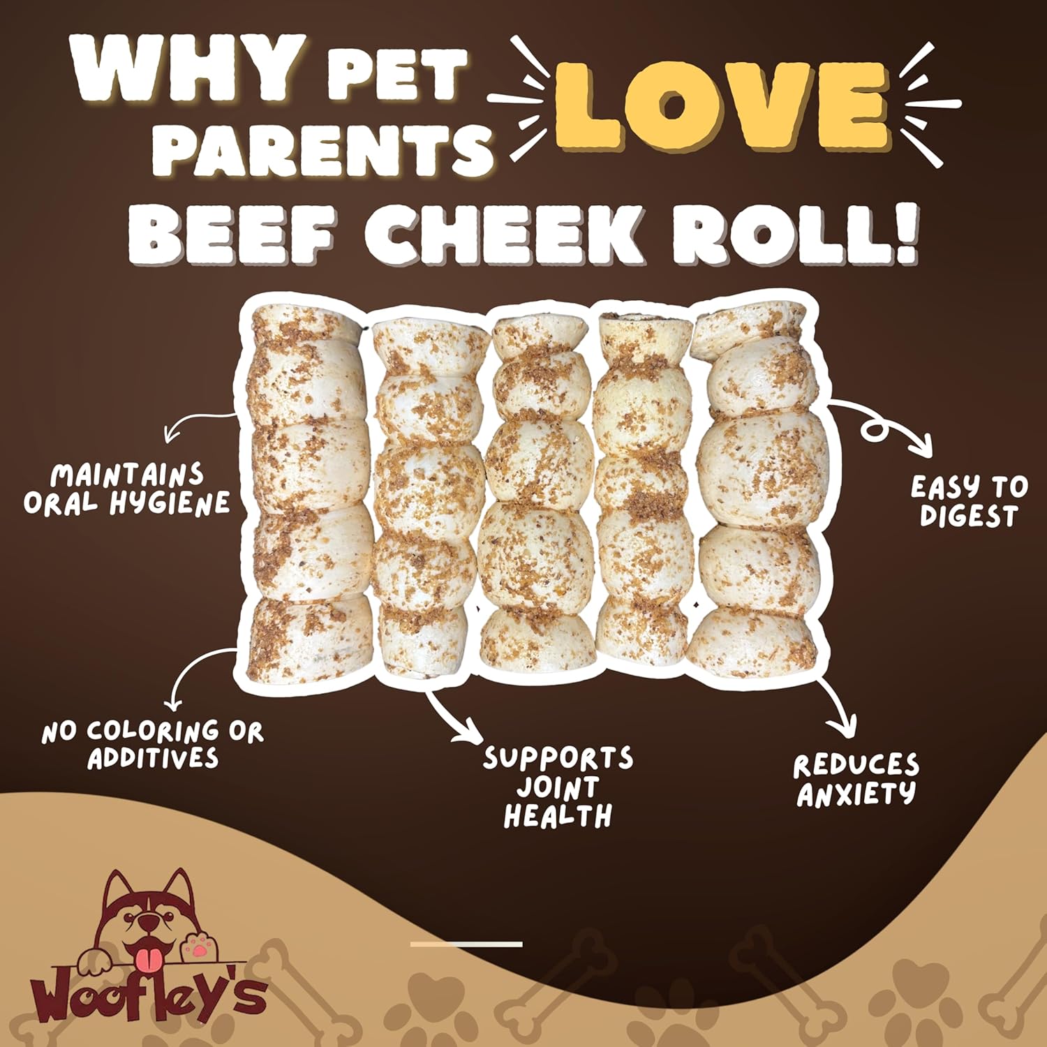 Woofley's 5-6" Bully Dusted Beef Cheek Roll - (5 Count)- Beef Cheek Rolls for Dogs - Long Lasting Natural Dog Chews