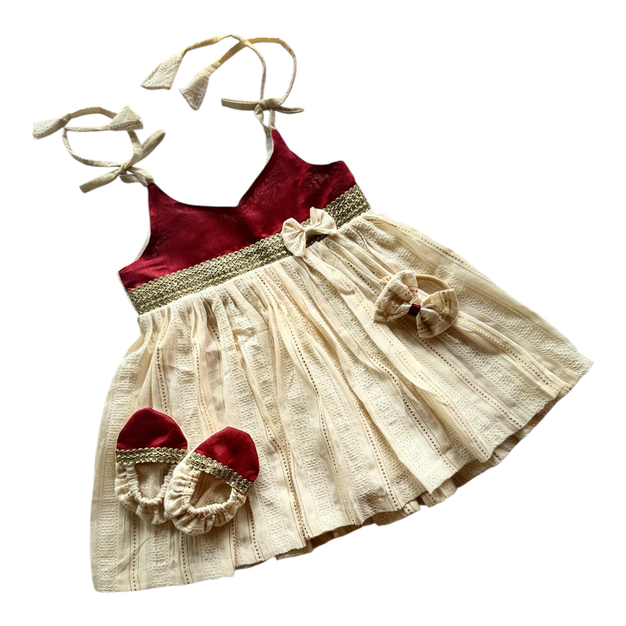 picksparrow Baby Girl Cotton Lurex Dress-headband-Booties/Irupathettu Set-picture-22