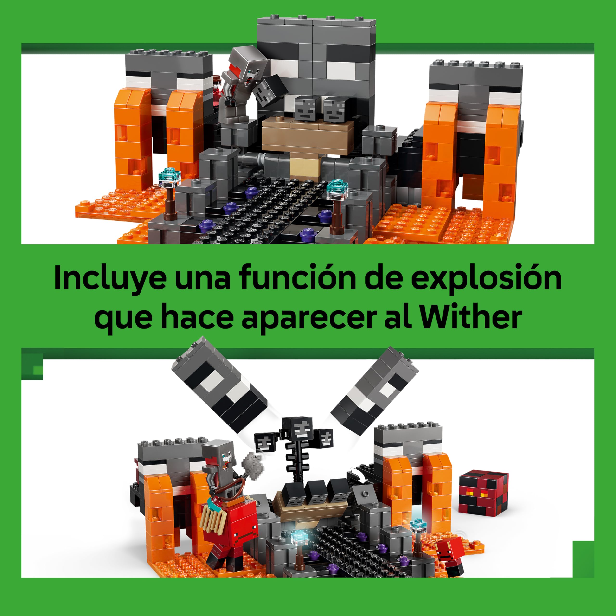 LEGO Minecraft La Batalla Contra el Wither - Juguete Interactivo con Figuras de Guerrero Carmesí, Lavagante, Cubo de Magma y 2 Esqueletos de Wither - Regalo Gamer para Niños y Niñas de 8+ Años - 21590