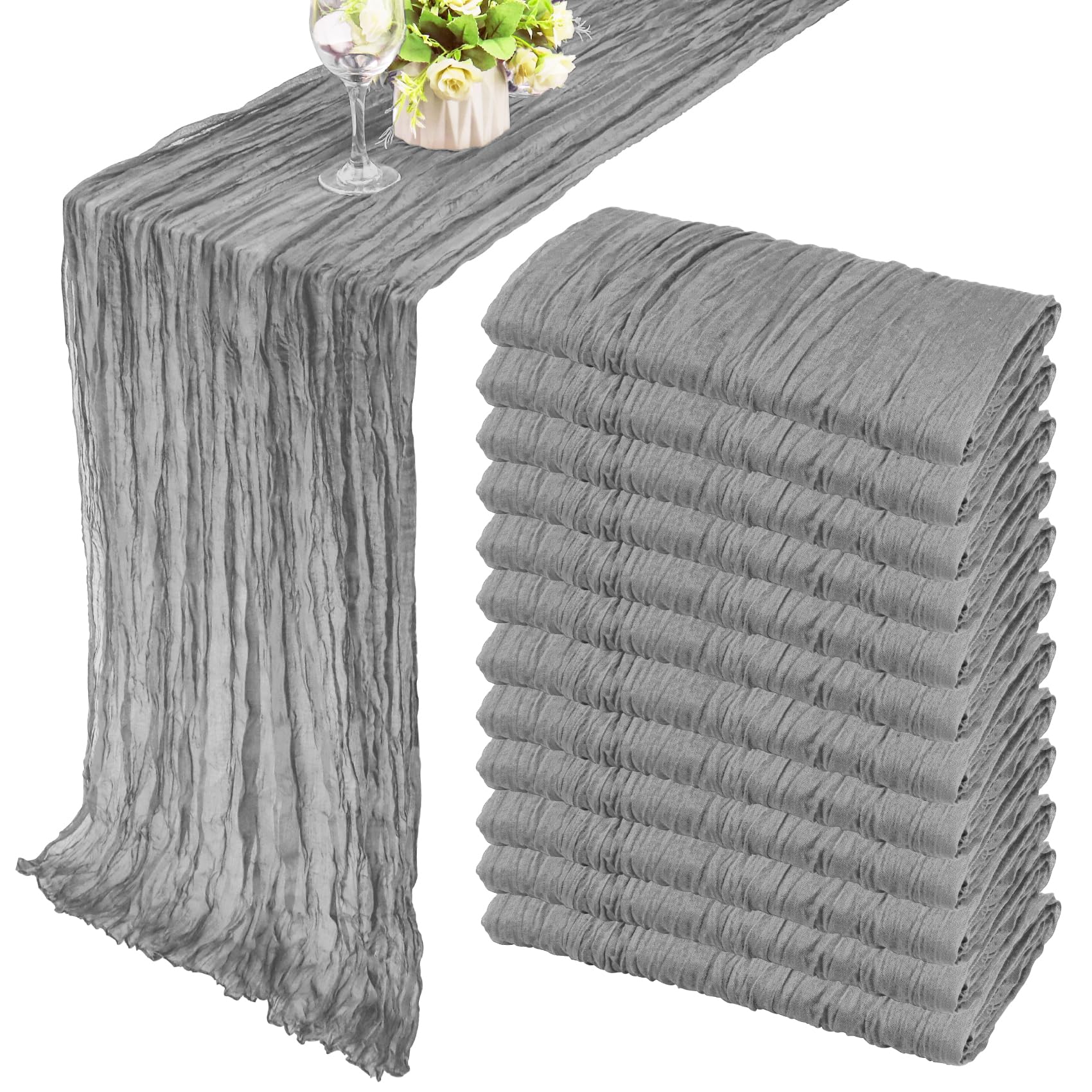 12 Pack 10Ft Cheesecloth Table Runner 35x120 Inch Boho Gauze Table Runner Rustic Cheese Cloth Long Table Runner Romantic Table Runner for Wedding Bridal Shower Birthday Party Table Decor (Gray)