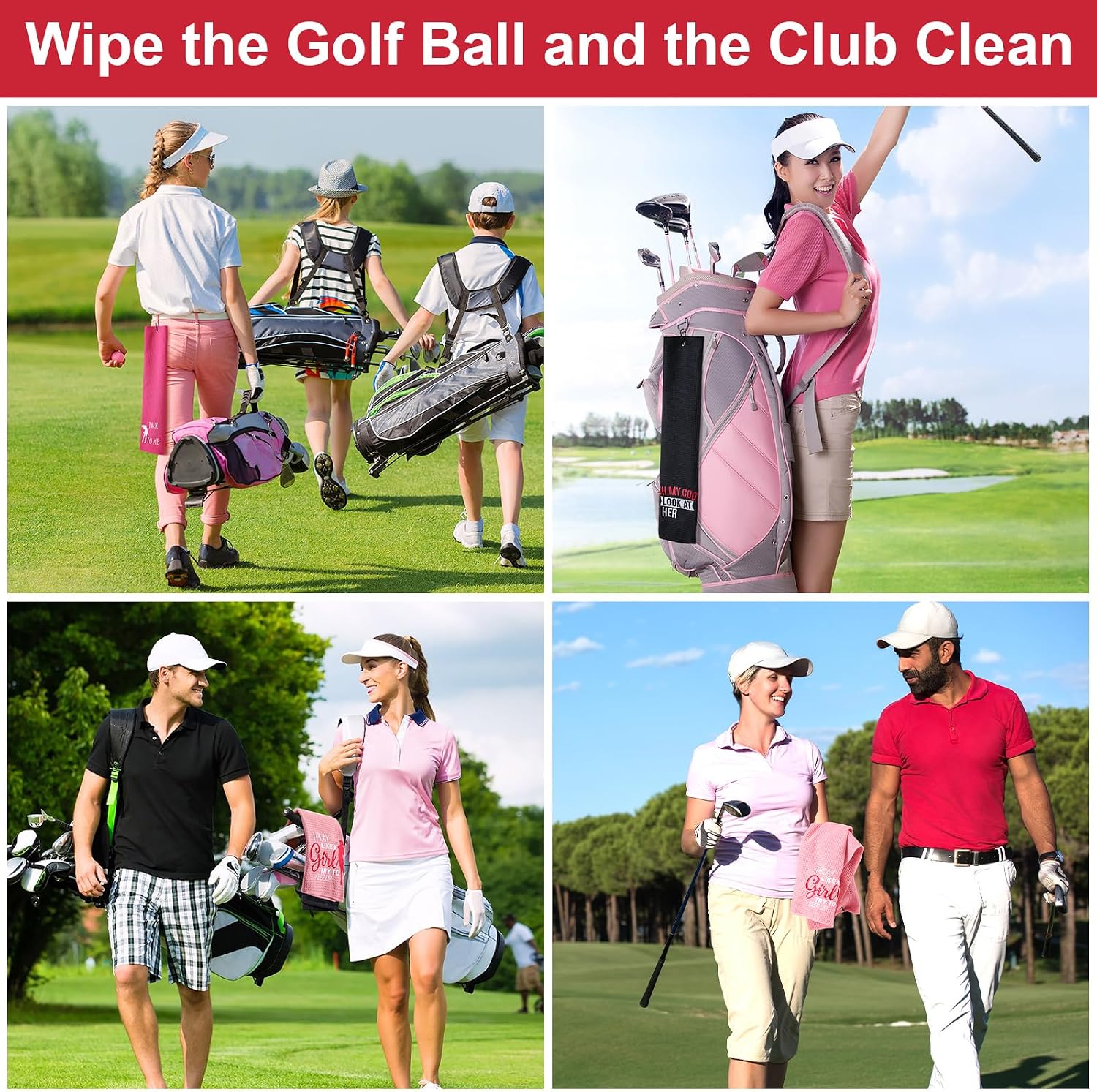 Moukeren 3 Pcs Funny Womens Golf Towels Microfiber Embroidered Ball Towel with Clip for Mother Day Retirement Birthday Gift for Grandma Mom Sister Golfer Lover(Black, Hot Pink, Pink,Elegant Style)