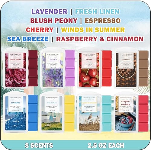 SCENTORINI Wax Melts Wax Cubes, Scented Wax Melts for Wax Warmer, Sea Breeze, Lavender, Linen, Winds in Summer, Cherry, Espresso, Raspberry & Cinnamon, Blush Peony 8 x 2.5 oz