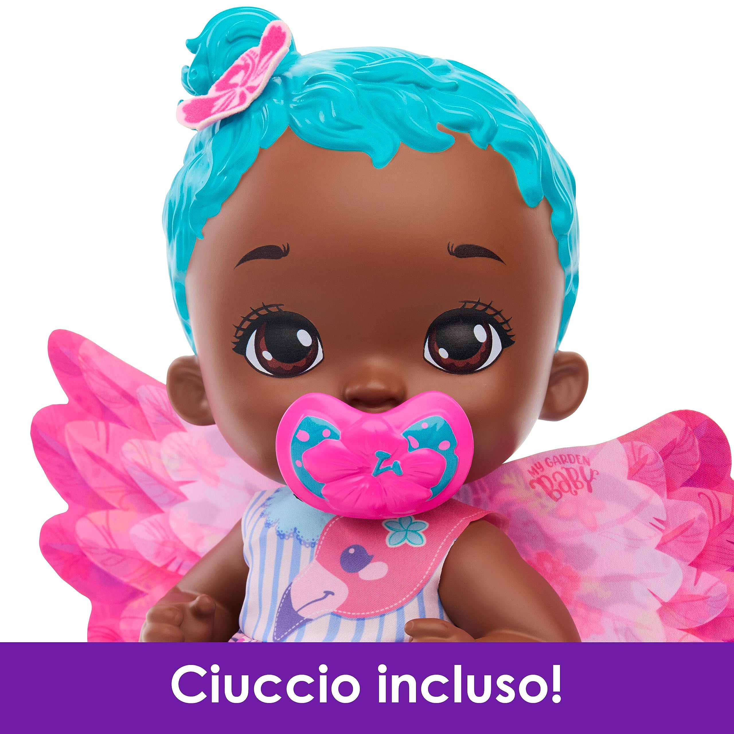 Mattel My Garden Baby - Bambola Junior Fenicottero Azzurra con pannolino riutilizzabile, biberon e tanti altri accessori, giocattolo per bambini, 3+ anni, HPD11