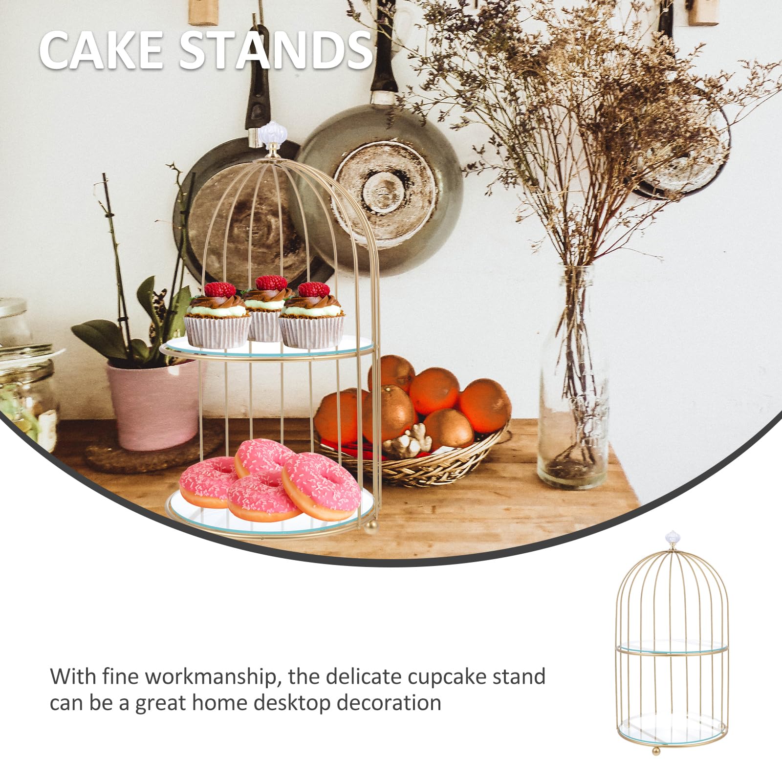 HANABASS Présentoir à cupcakes en métal à 2 niveaux en verre pour cage à oiseaux - Pour anniversaire, fête de mariage (23 x 36 cm)