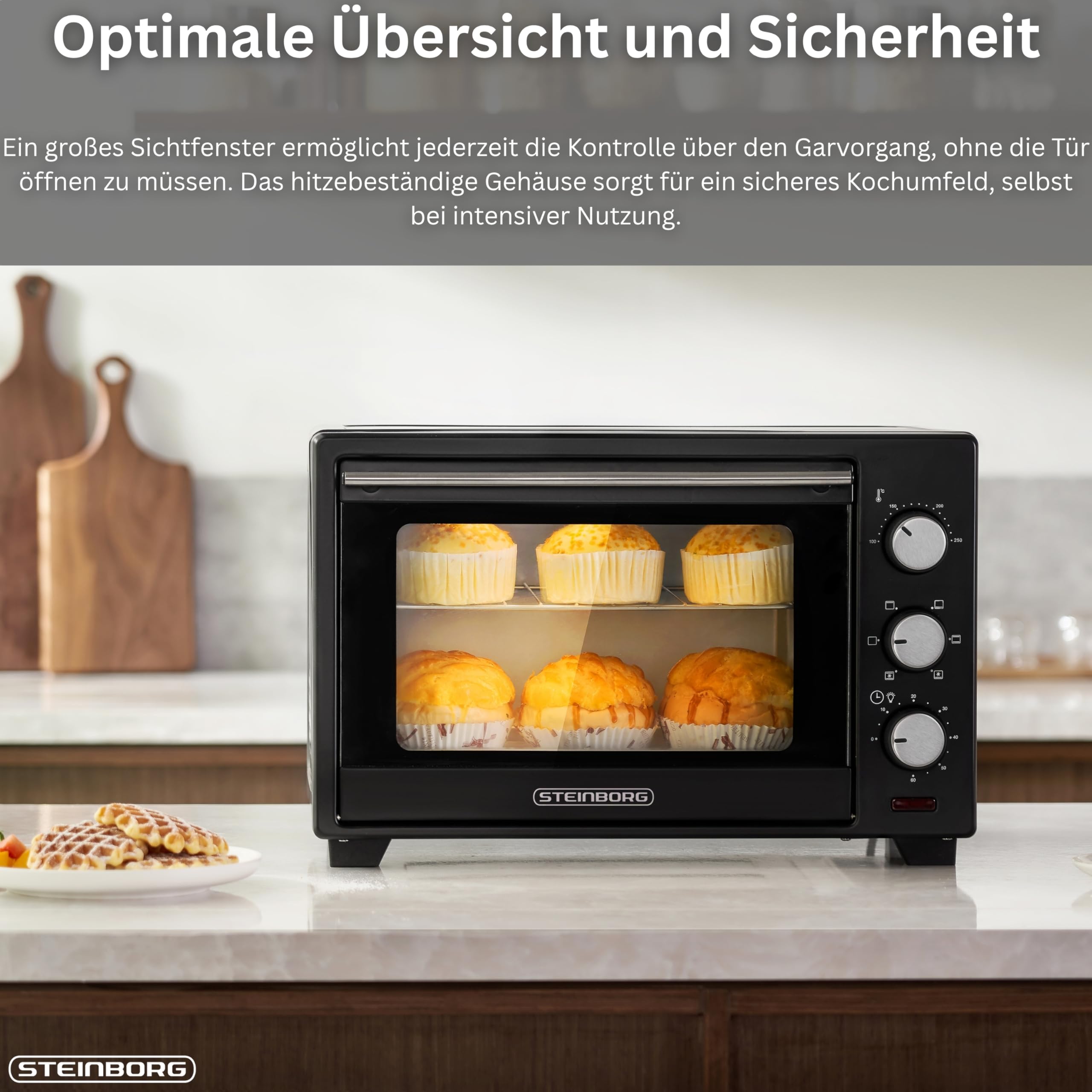 Steinborg® 25 Liter Mini Backofen mit Umluft Pizza Ofen inkl. Backblech und Grillrost Miniofen 60 Min. Timer – 1.600 Watt