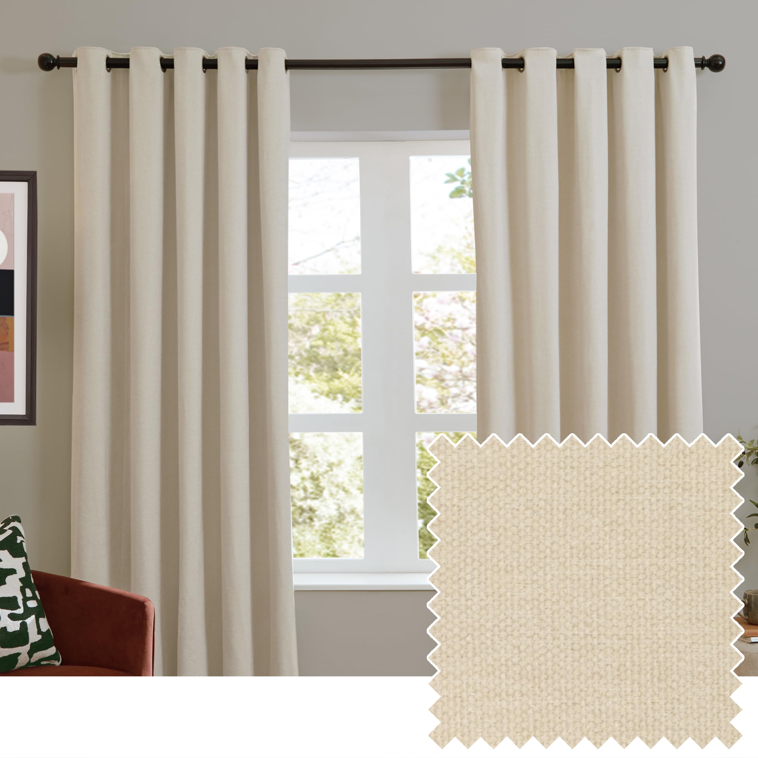 furn. Soft Chenille Blackout Eyelet Curtain Pair – Soft Touch Matt Textured Lined Minimalist Curtains (Ecru - 229x137cm)
