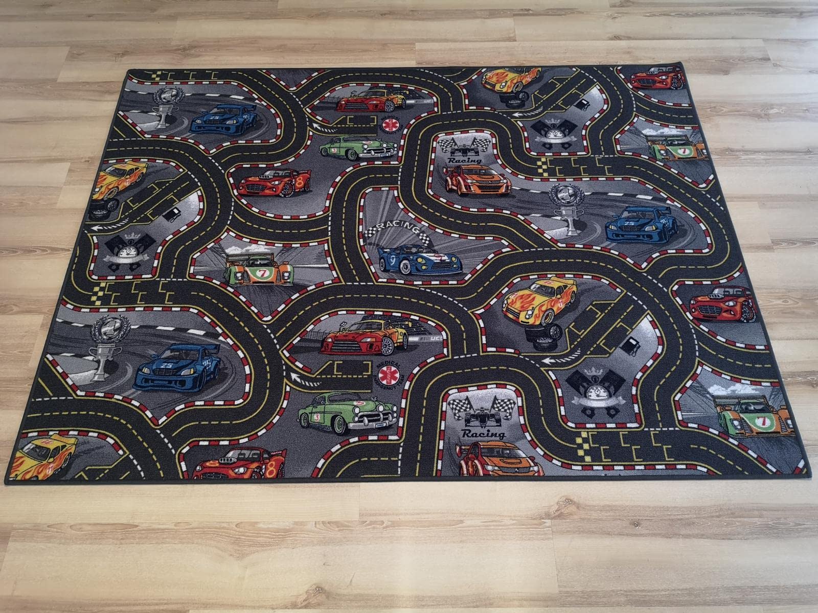 Kinderteppich Straßenteppich Racing Auto grau anthrazit Rennstrecke Spielteppich (200 x 400 cm)