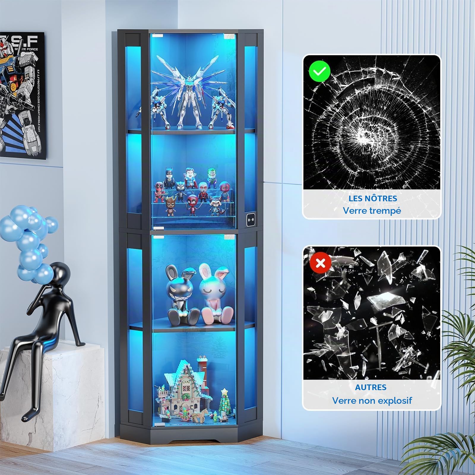 BROTTAR 65" Vitrine en Verre avec Éclairage LED, Meuble Angle Noir | Équipée De Détecteur De Présence, Lampe LED à trois couleurs, À Quatre Étages Vitrine pour Collection Idéale pour Le Salon