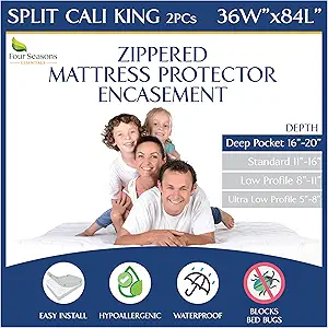 Split Cali King Mattress Encasement 36" x 84" (2PCs) - Waterproof Zippered Protector Hypoallergenic Premium Quality Deep Pocket Cover for Adjustable Beds and Split Mattresses (16"-20" Depth)