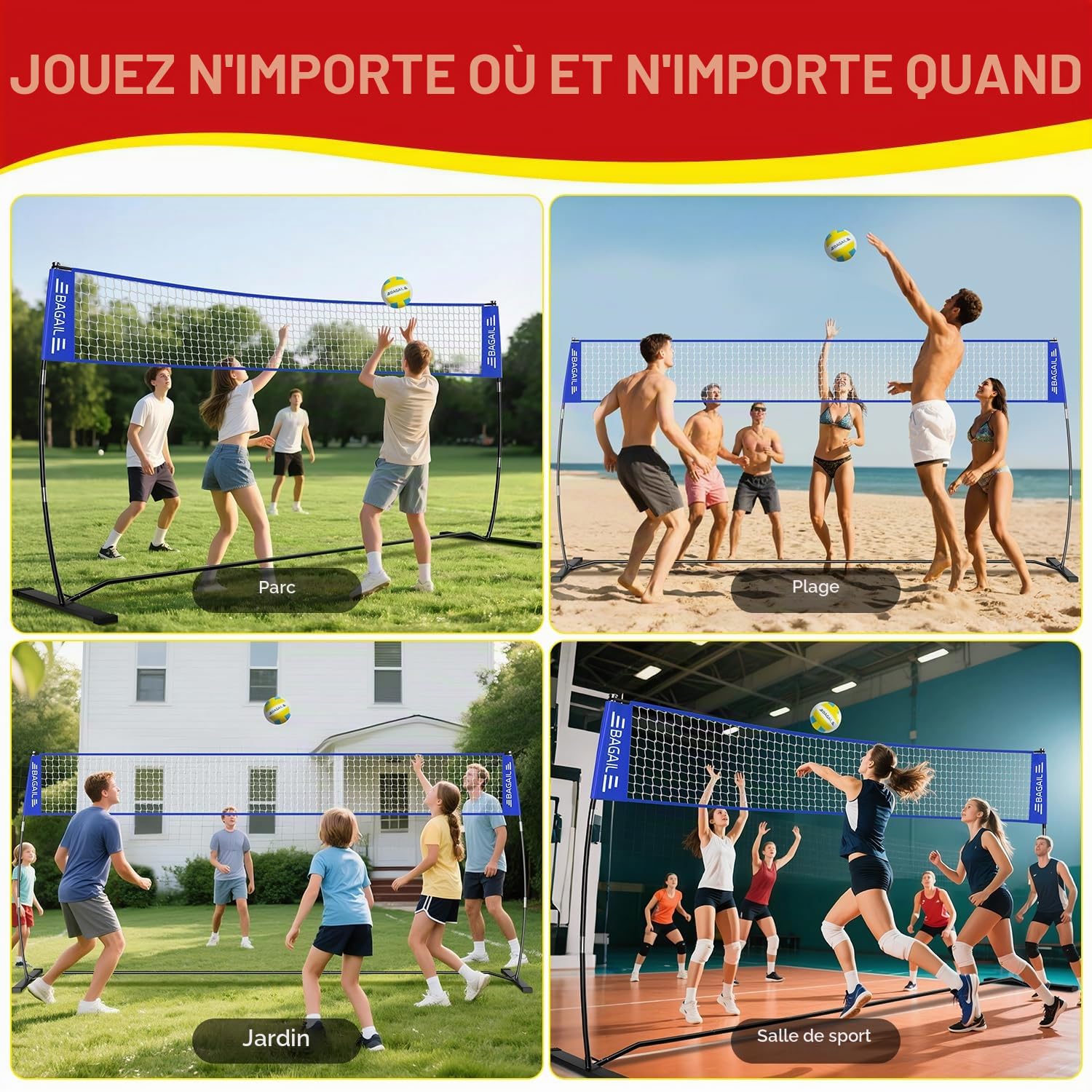 BAGAIL Filet de Volley-Ball, Portable pour Le Jardin | Hauteur Réglable, Cadre Robuste, Conception Autoportante - Set de Volley-ball, avec Sac de Transpor