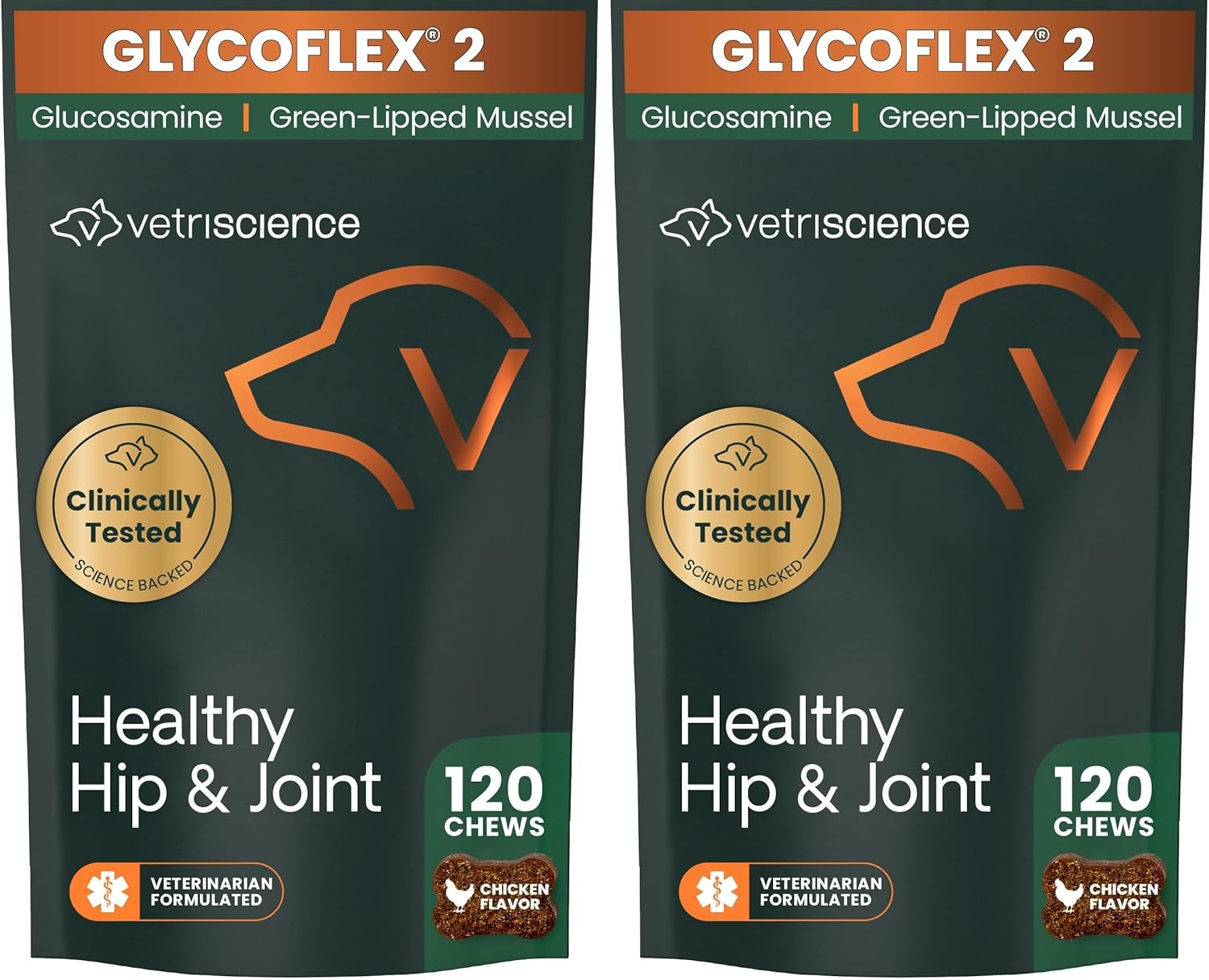 VetriScience Healthy Hip & Joint Chews, GlycoFlex Glucosamine and Green-Lipped Mussel Joint Support Supplement for Dogs, Promote Mobility and Protect Joints, Chicken, 120 Count (Pack of 2)