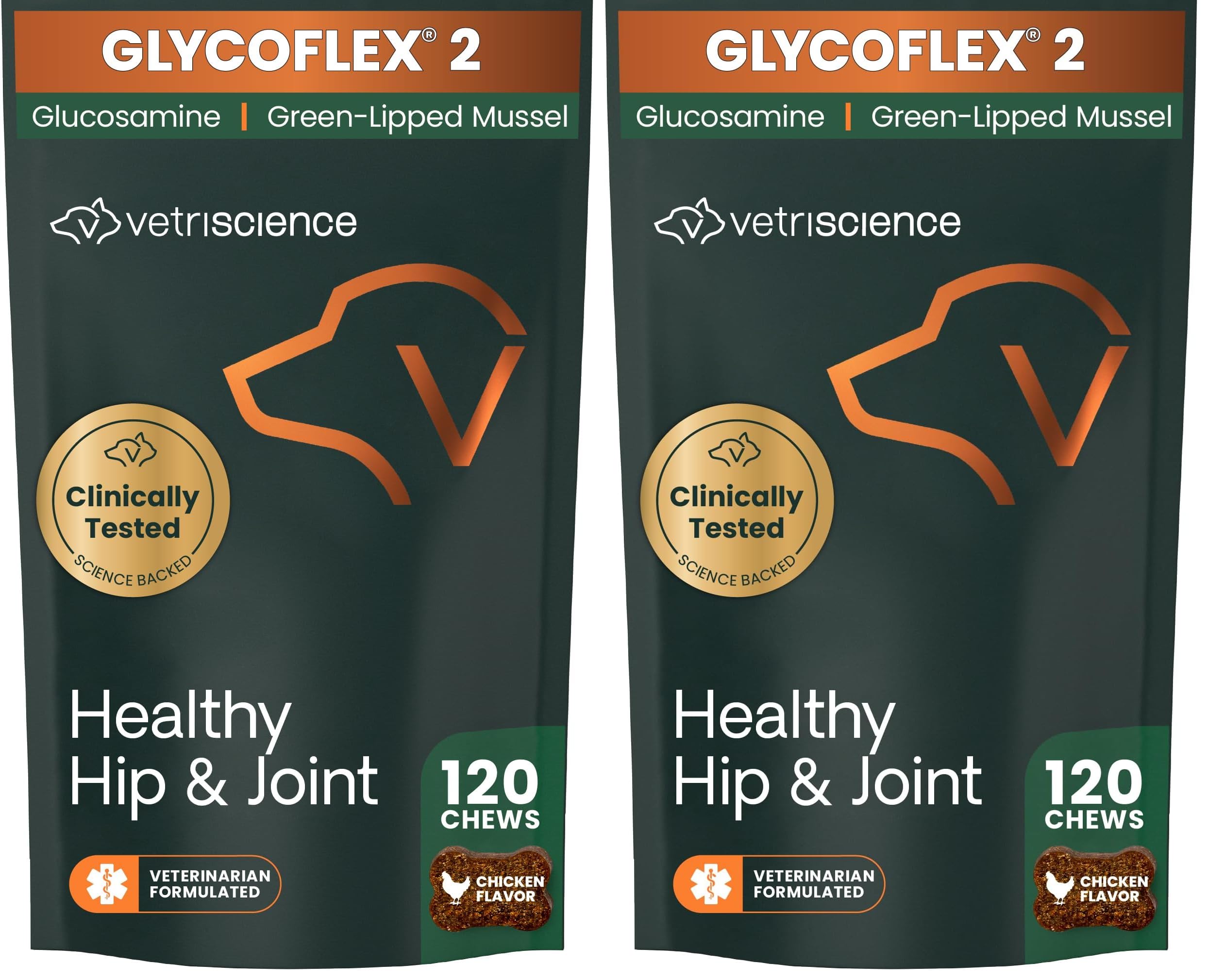 VetriScience Healthy Hip & Joint Chews, GlycoFlex Glucosamine and Green-Lipped Mussel Joint Support Supplement for Dogs, Promote Mobility and Protect Joints, Chicken, 120 Count (Pack of 2)