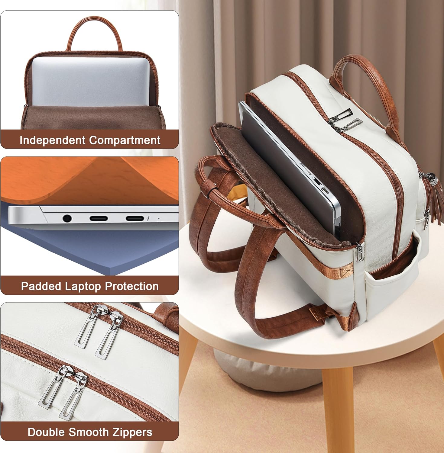 Shrrie Laptop Backpack for Women 15.6 inch Travel Leather Backpack Purse Work Computer Backpacks for Business College Beige - Image 4