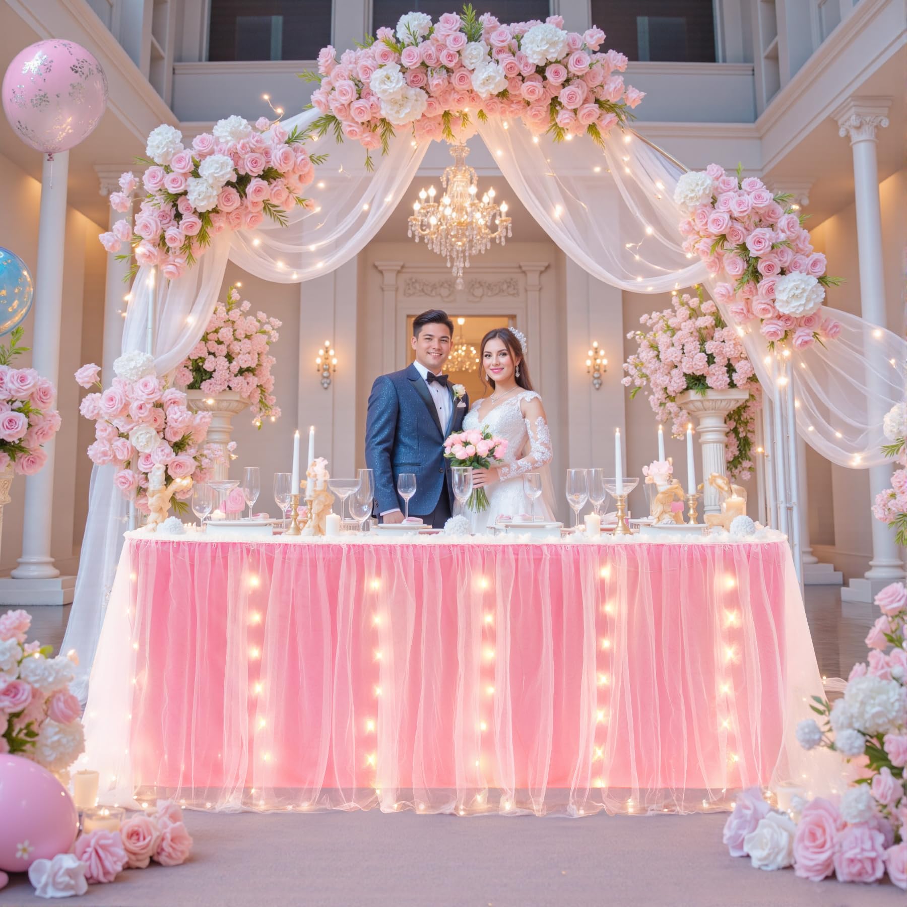 14FT Pink Tulle Table Skirt for Rectangle Tables Pink Tutu Table Skirt with LED Lights for Birthday Party Baby Shower Desk Skirt for Princess Wedding