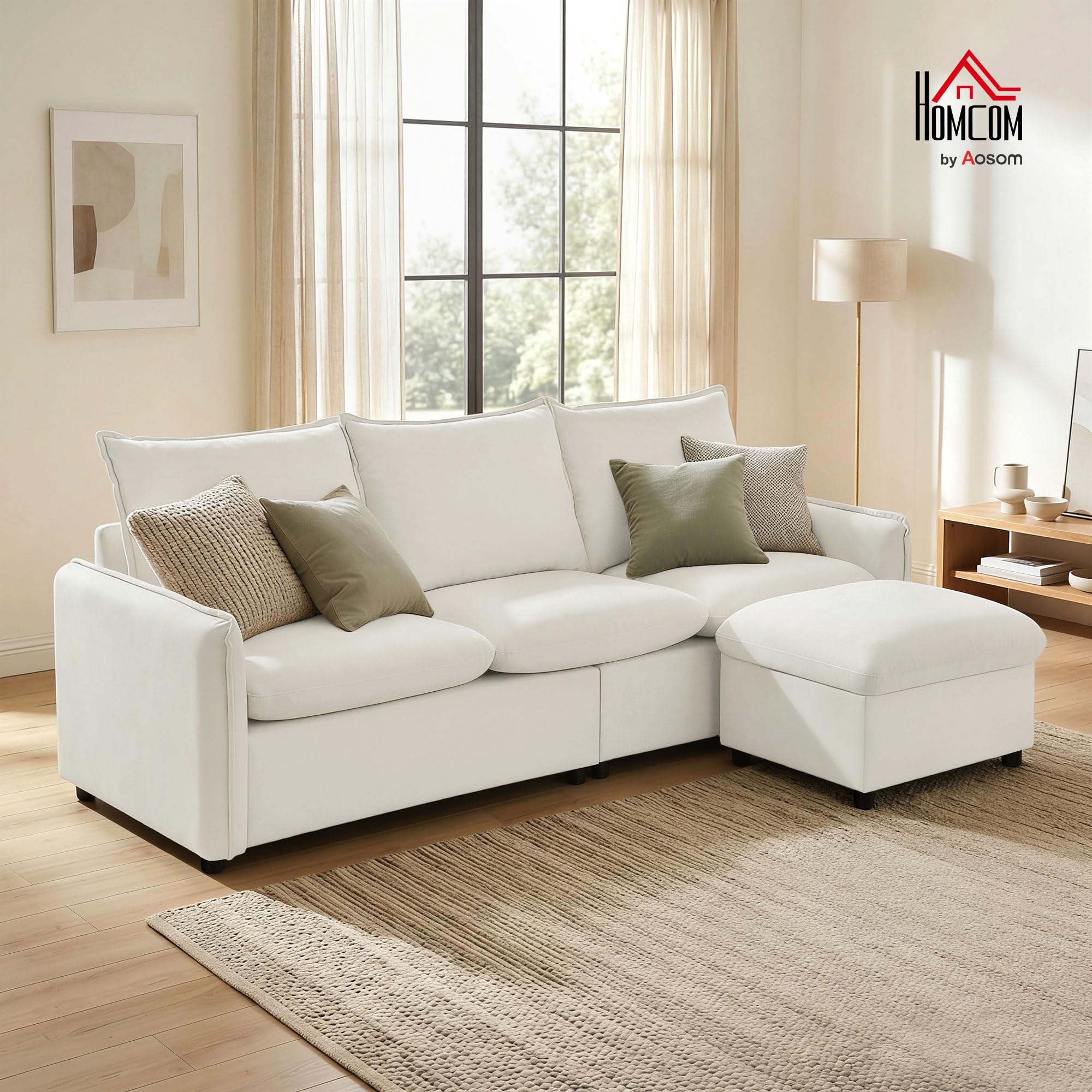 HOMCOM Divano Angolare 3 Posti Modulare Reversibile con Cuscini Crema | Divano ad Angolo, Tessuto Effetto Pelle Traspirante, Contenitore Poggiapiedi Rimovibile, Divano a L per Salotto, 212x125x84cm