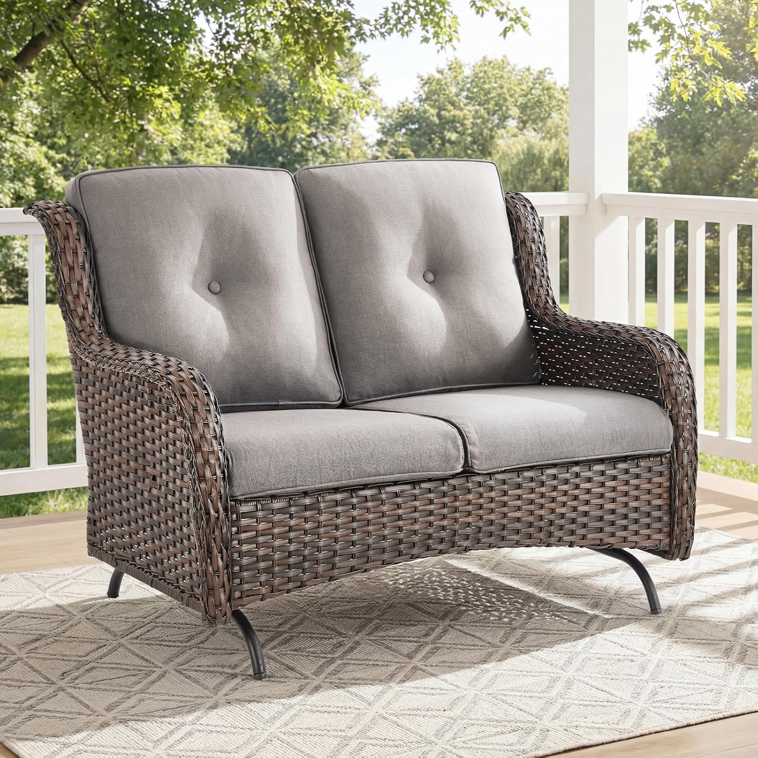 Patio Loveseat Sofa, Outdoor Wicker Loveseat with Luxury Thick Cushion, All-Weather Patio Furniture Set, Outdoor Glider Bench for Garden Balcony Backyard(Brown Wicker/Grey Cushion) | Waterproof