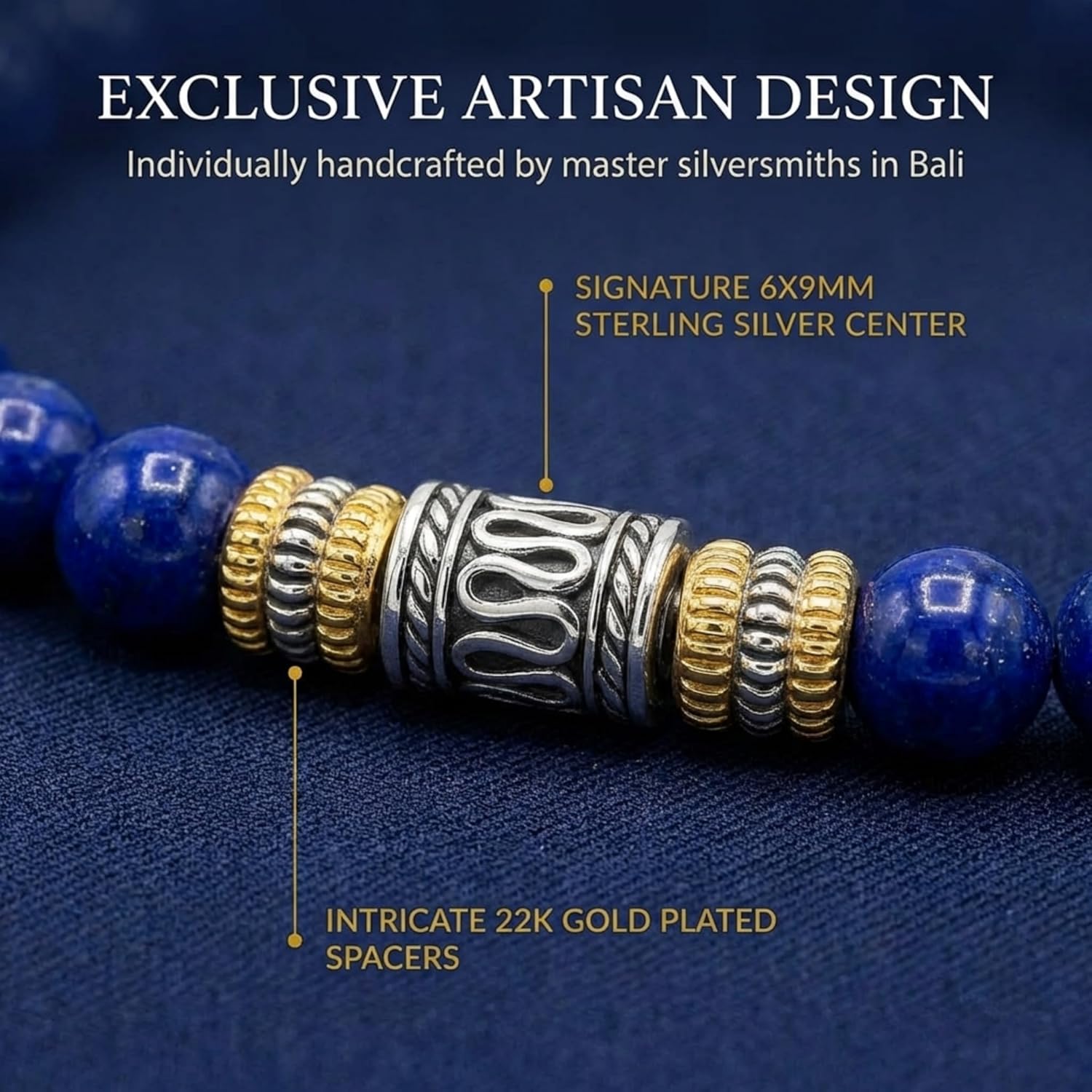 Kartini Studio Lapis Lazuli Bracelet, Lapis Lazuli and Sterling Silver Bracelet, Quality Bead Jewelry for Men