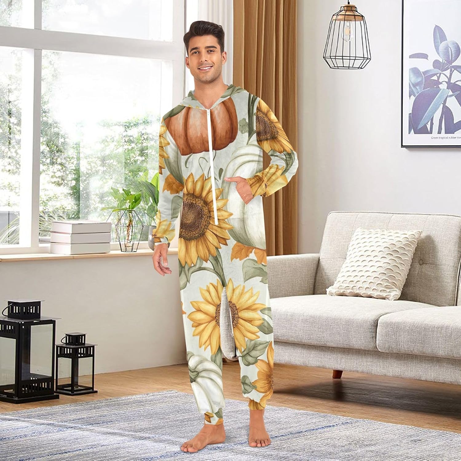 GAIREG Autumn Pumpkin Sunflower Green Mens Womens One-Piece Christmas Pajamas, Zipper Christmas Onesie Adult
