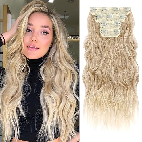 REECHO Extensiones de cabello, 4 extensiones de cabello sintético suave y natural con clip, HE001 para mujer (20 a 7.05 oz (paquete de 4), rubio