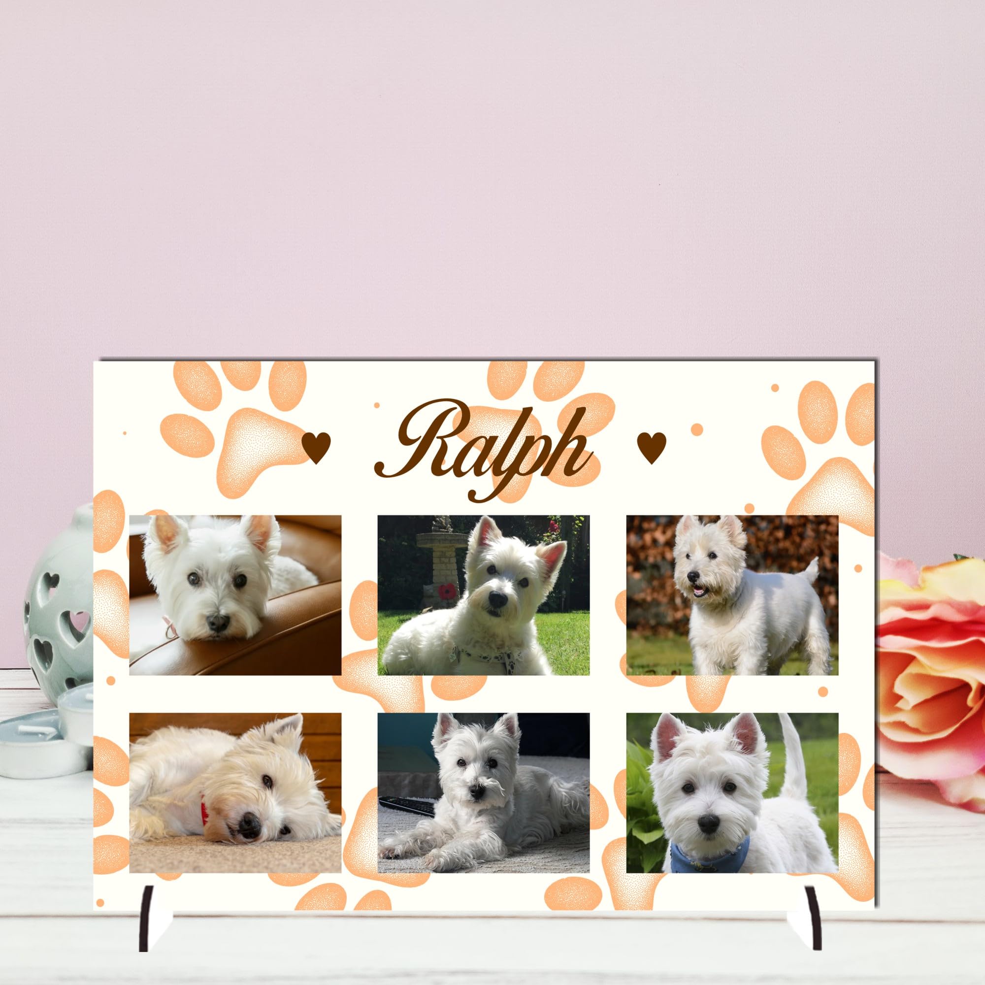 Pixie's Gifts Personalised Pet Photo Plaque on Stand - Custom Gift for Dogs or Cats - Available in 4 Designs, 3mm MDF and Acrylic (Orange, Mdf Wood A5 21cm x 15cm)