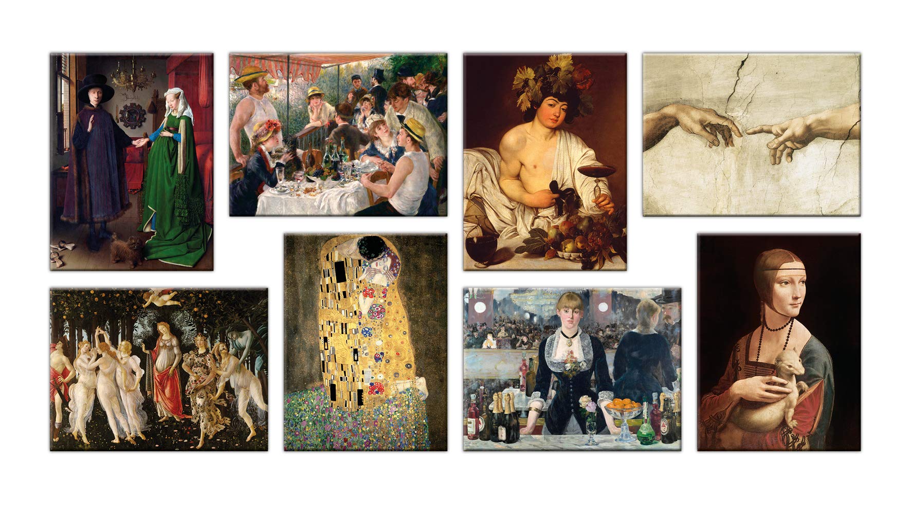 LuxHomeDecor Quadri famosi 8 pezzi 40x30 cm Stampa su Tela con Telaio in Legno Jan van Eyck renoir caravaggio michelangelo botticelli klimt manet leonardo da vinci