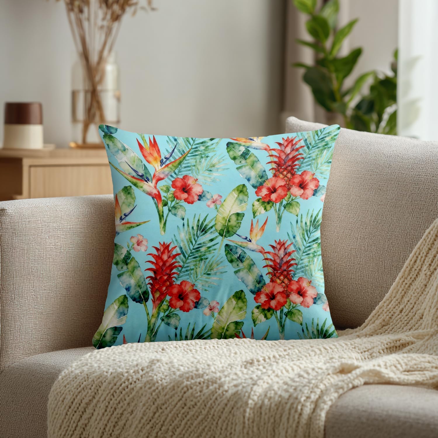 Colorful Tropical Floral Throw Pillow Covers, Hawaiian Cushion Cover Digital Blended Hidden Zipperl Decorative Pillowcases for Hair Skin Square 26X26 in 2 Pcs