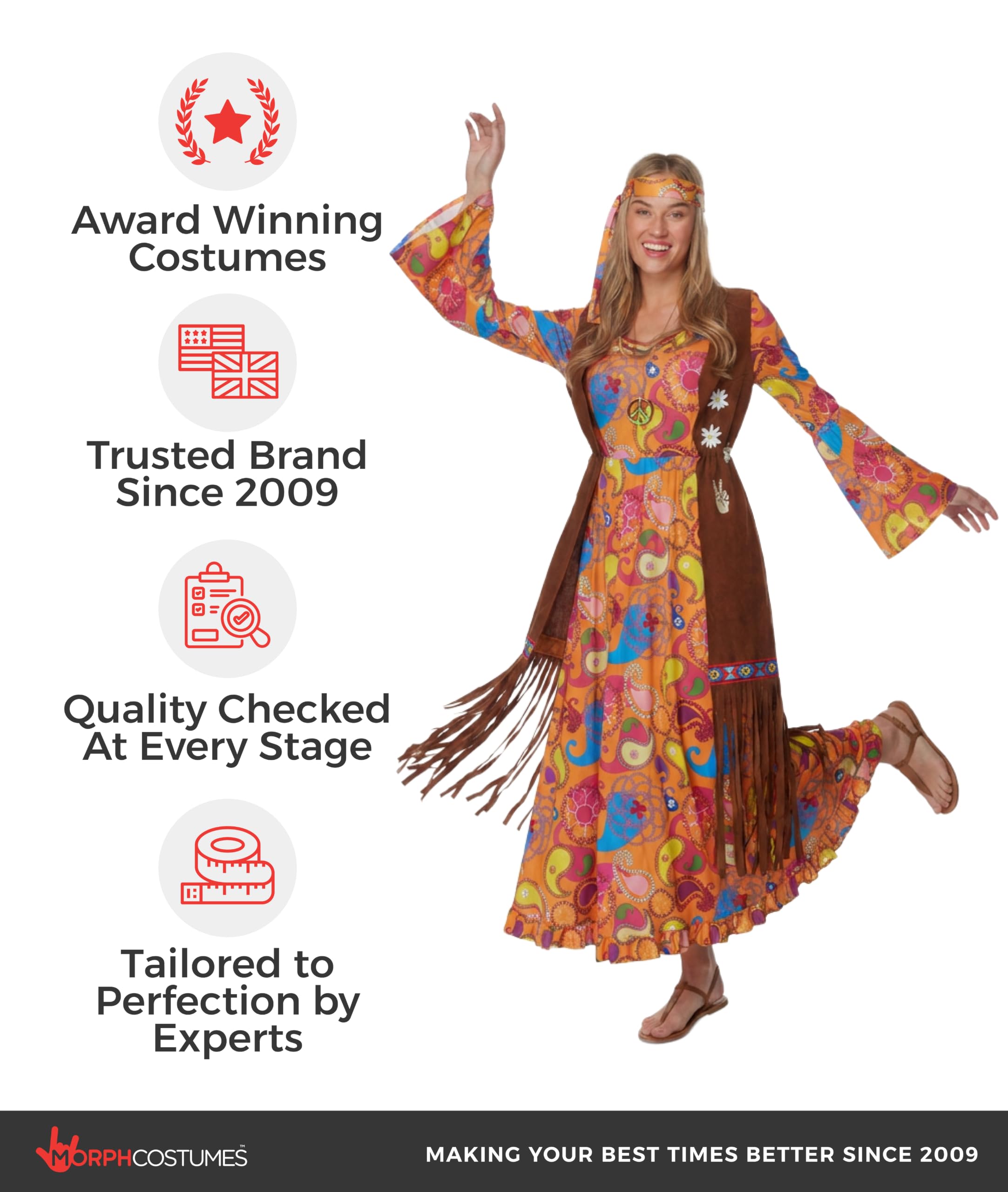 Morph Disfraz Hippie Mujer, Disfraz Años 60 Halloween Mujer