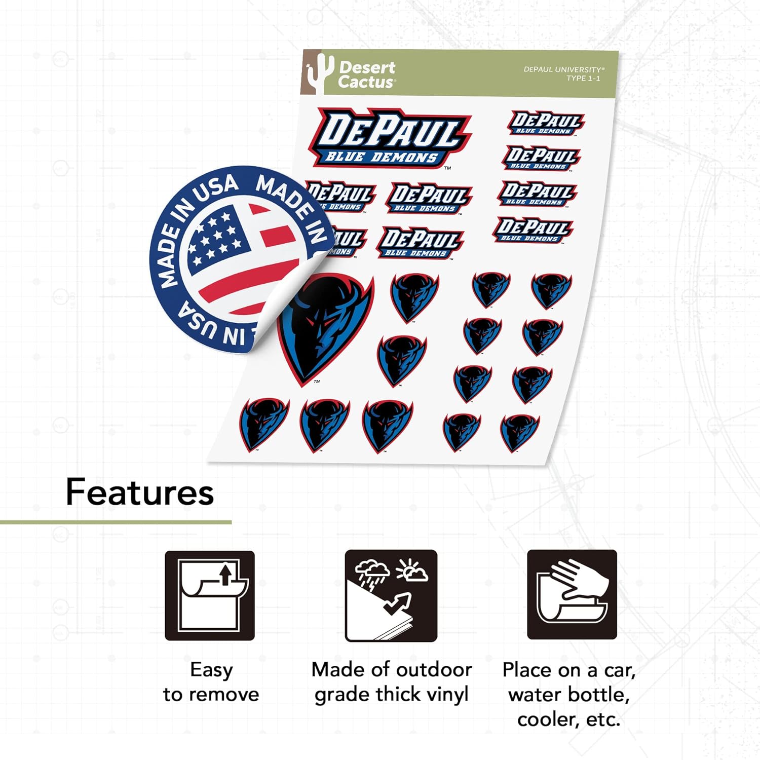 Desert Cactus DePaul University Sticker Blue Demons Sticker Vinyl Decals Laptop Water Bottle Car Scrapbook Sheet T1 (Type 1-1) - Image 4