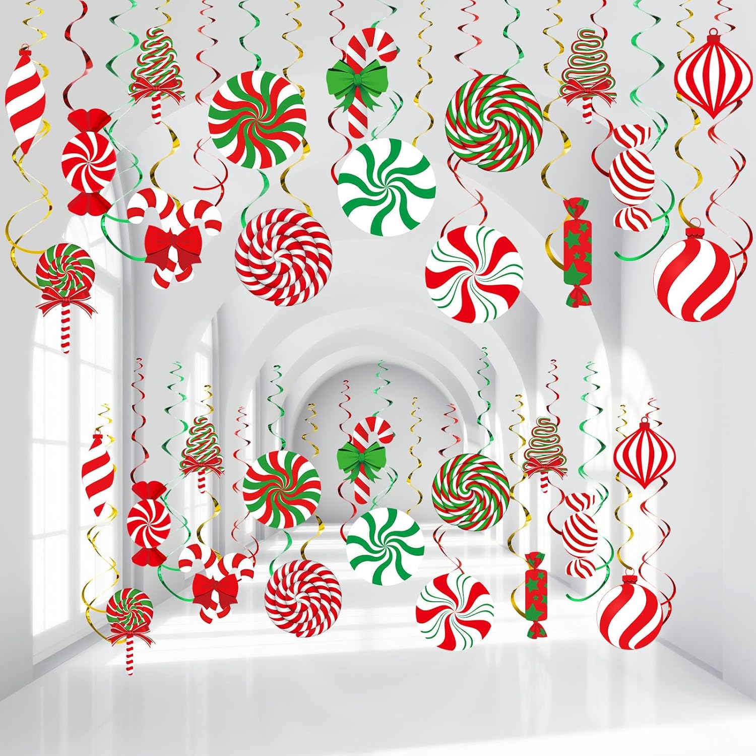 Dianelhall 68 Pcs Christmas Hanging Swirl Decorations Xmas Perppermint Ceiling Hanging Swirls Christmas Candy Ceiling Wall Spiral Streamers for Xmas Winter Holiday Candyland Party Supplies Decor