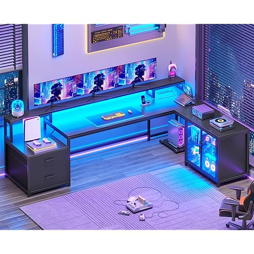 SEDETA L Shaped Gaming Desk, 78.7” Large Computer Desk with Drawers and Power Outlet & LED Light, Corner Gaming Desk with Storage Shelves, Display Cabinet for Home Office, Black